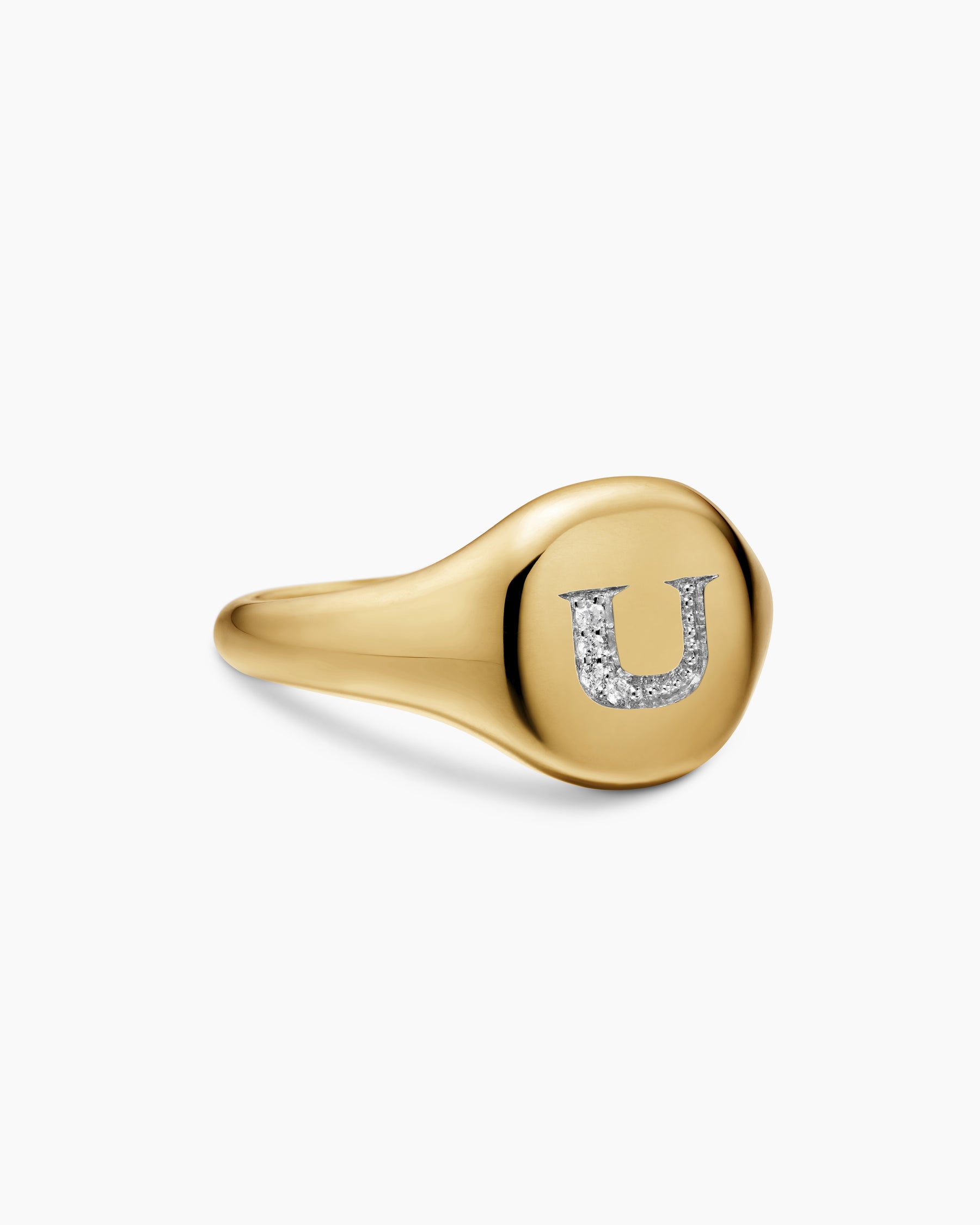 DY Initial Pinky Ring in 18K Yellow Gold with Diamond U, 9.8mm