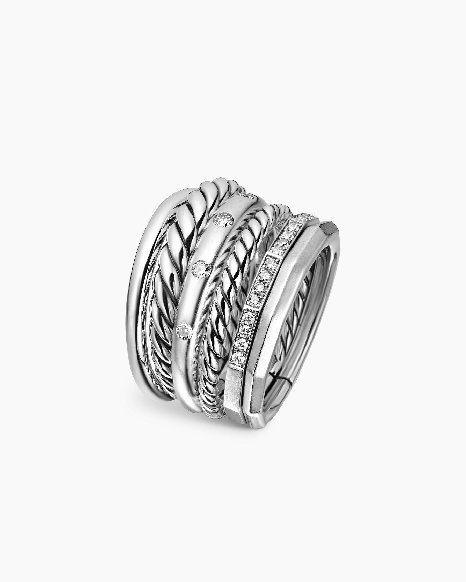 Stax Six Row Ring in Sterling Silver with Diamonds, 16mm - Image 3