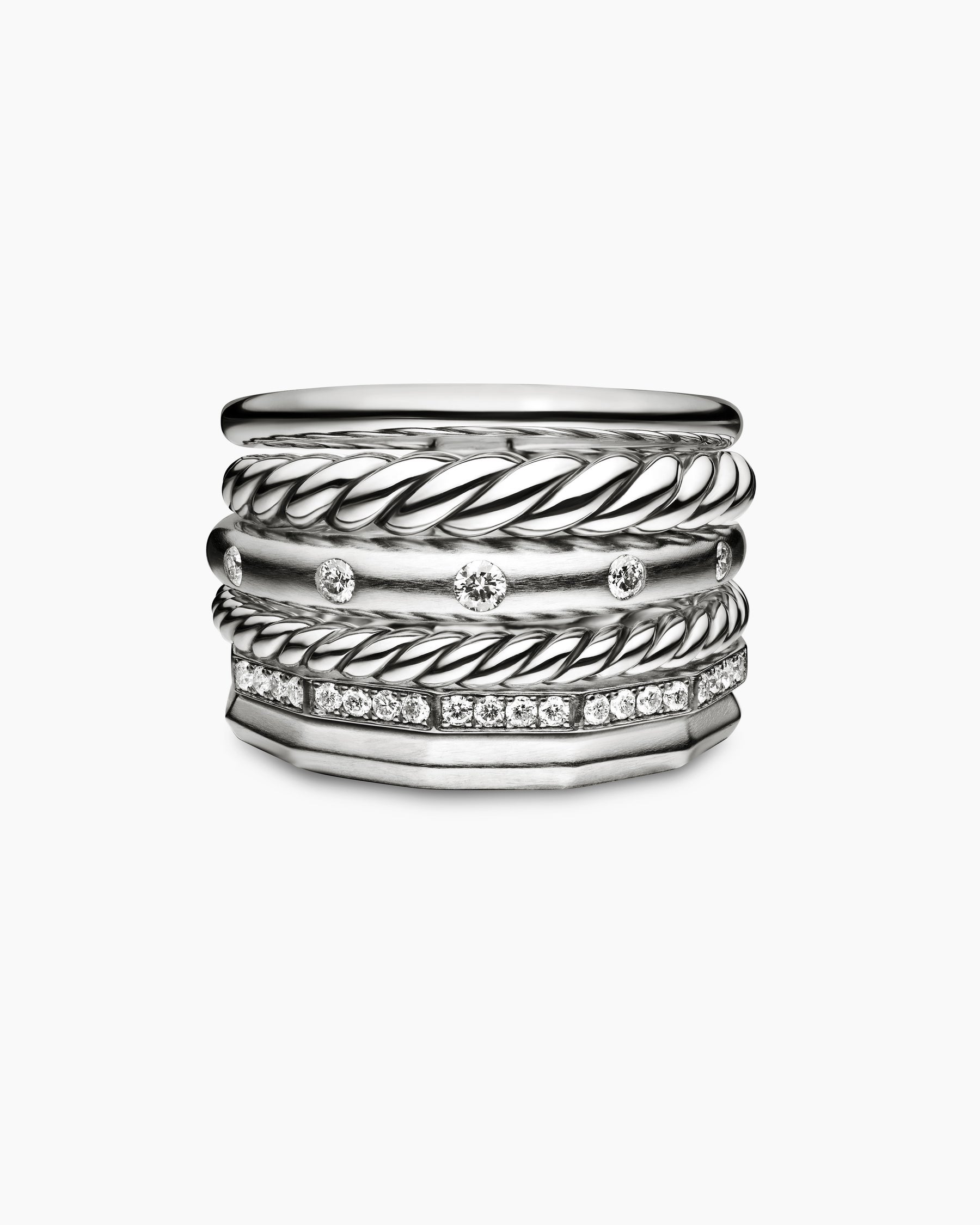 Stax Six Row Ring in Sterling Silver with Diamonds, 16mm - Image 4