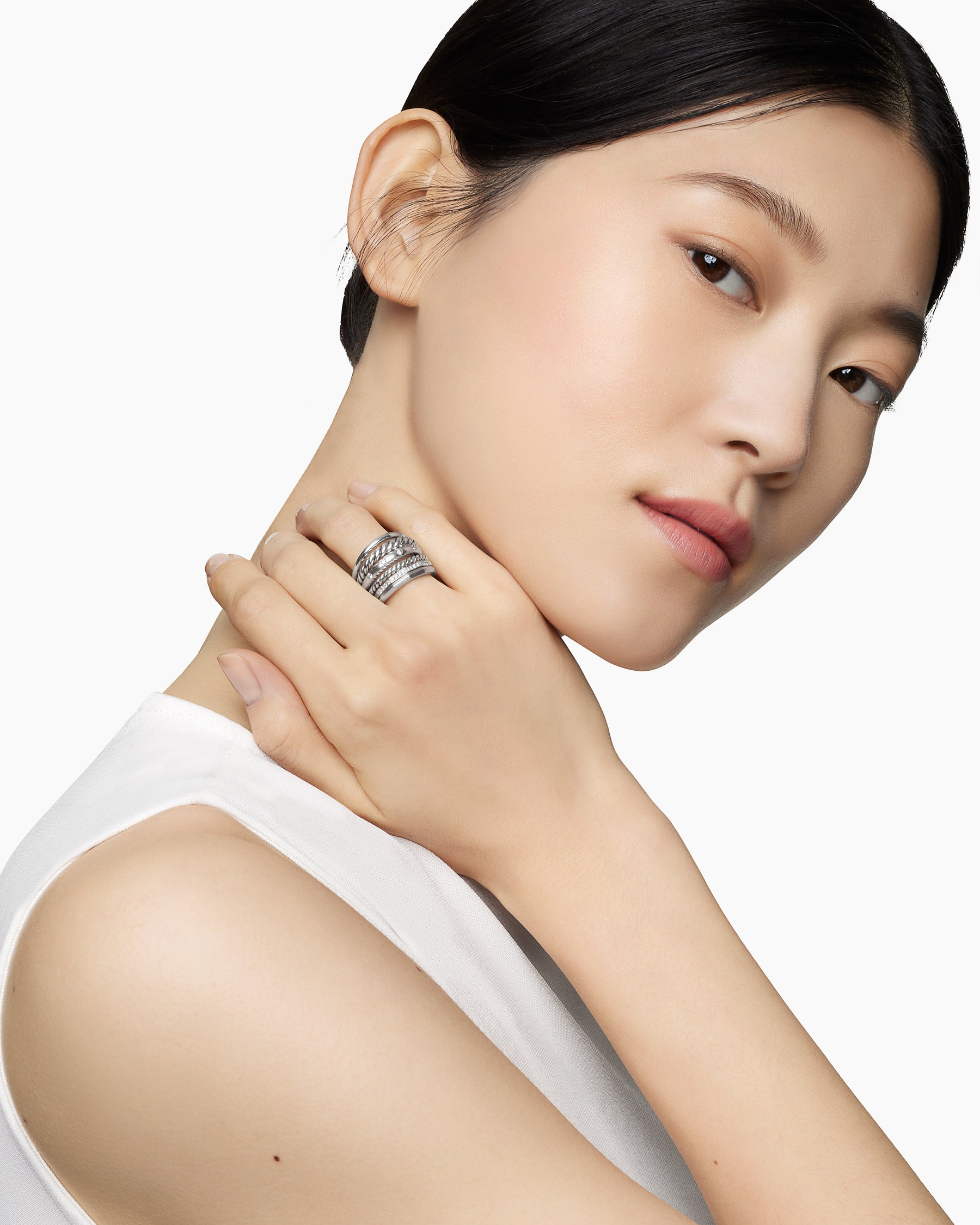 Alternative view of Stax Six Row Ring in Sterling Silver with Diamonds, 16mm