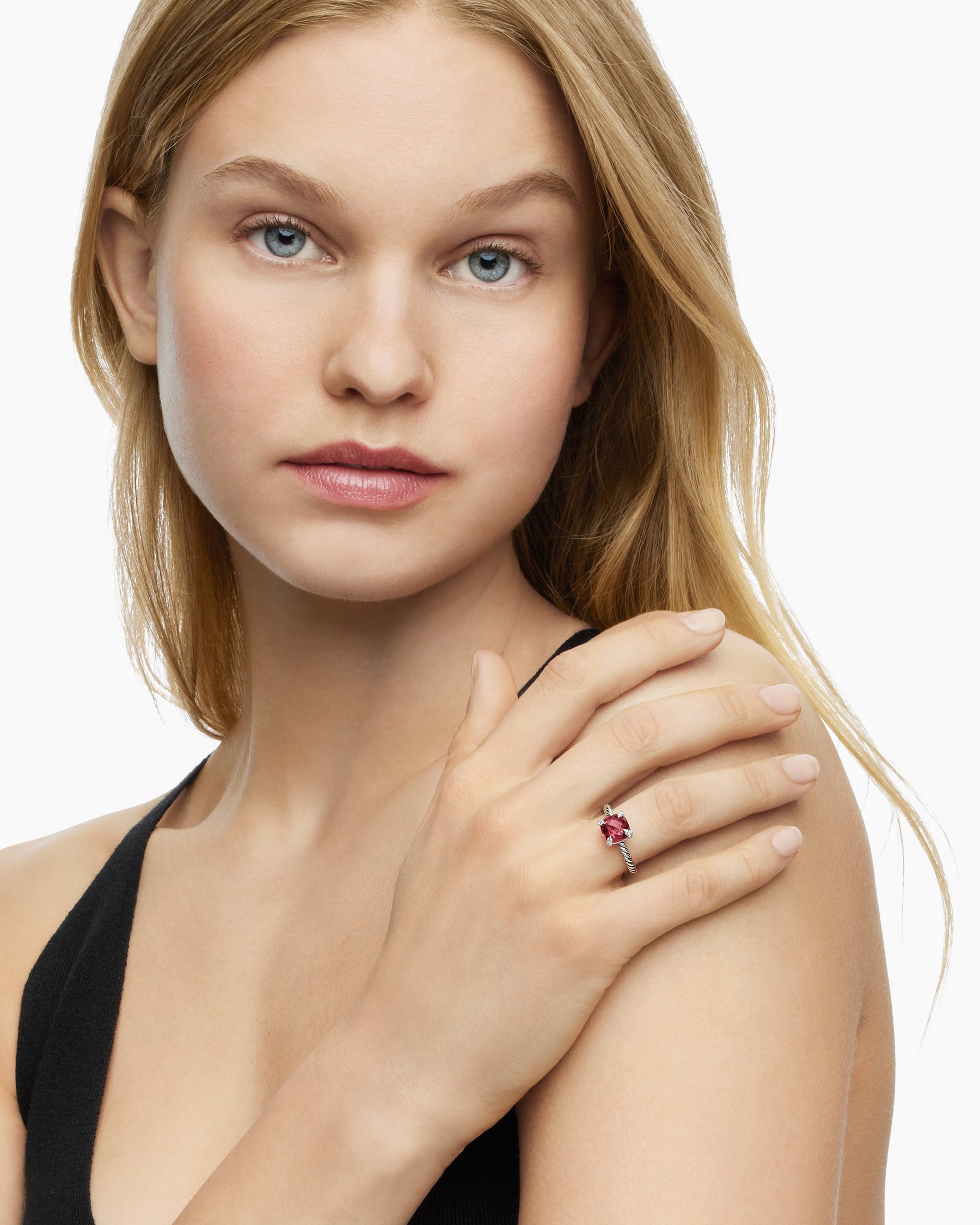 Alternative view of Chatelaine Ring in Sterling Silver with Rhodolite Garnet and Diamonds, 8mm