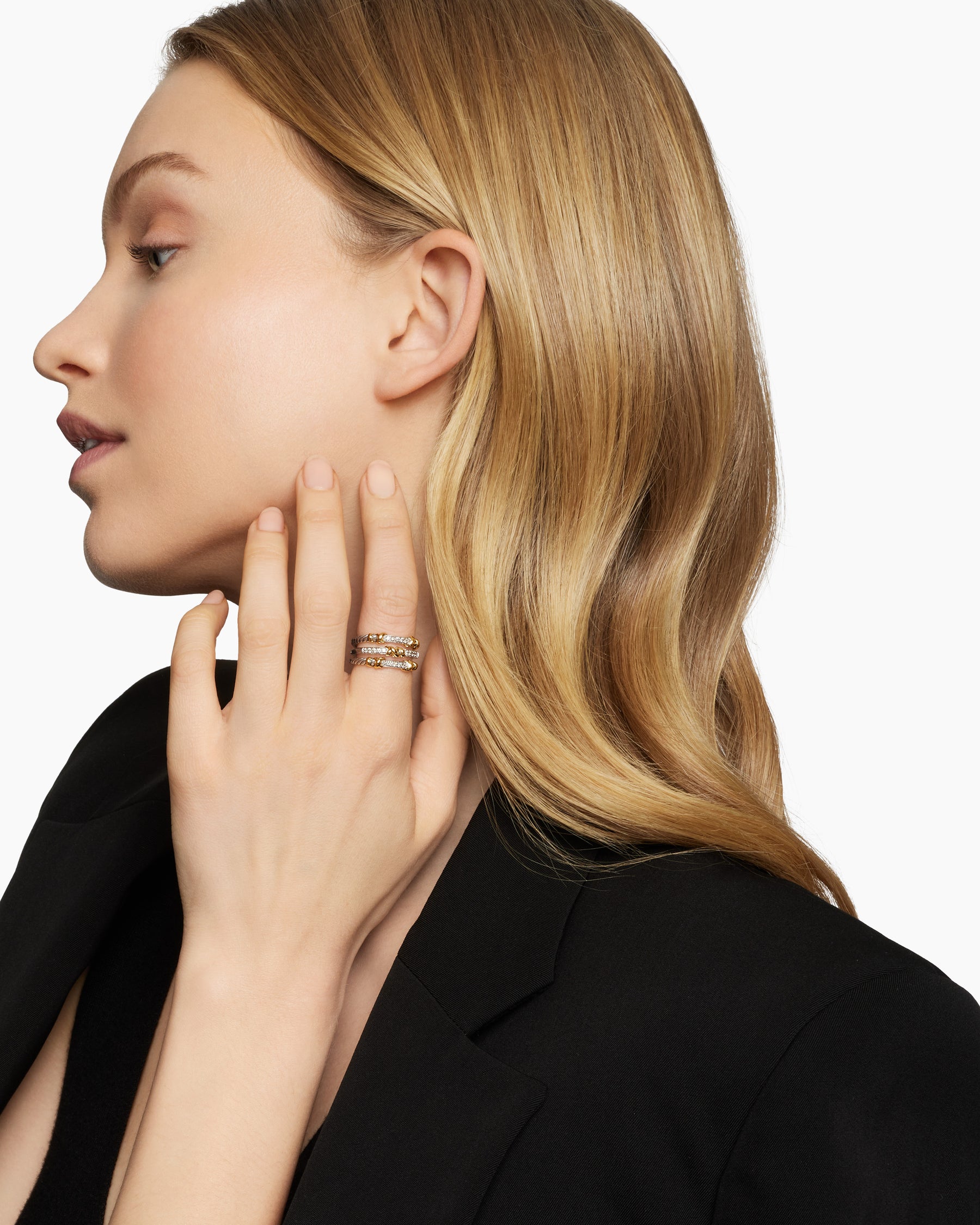 Alternative view of Petite Helena Wrap Three Row Ring in Sterling Silver with 18K Yellow Gold and Diamonds, 12mm