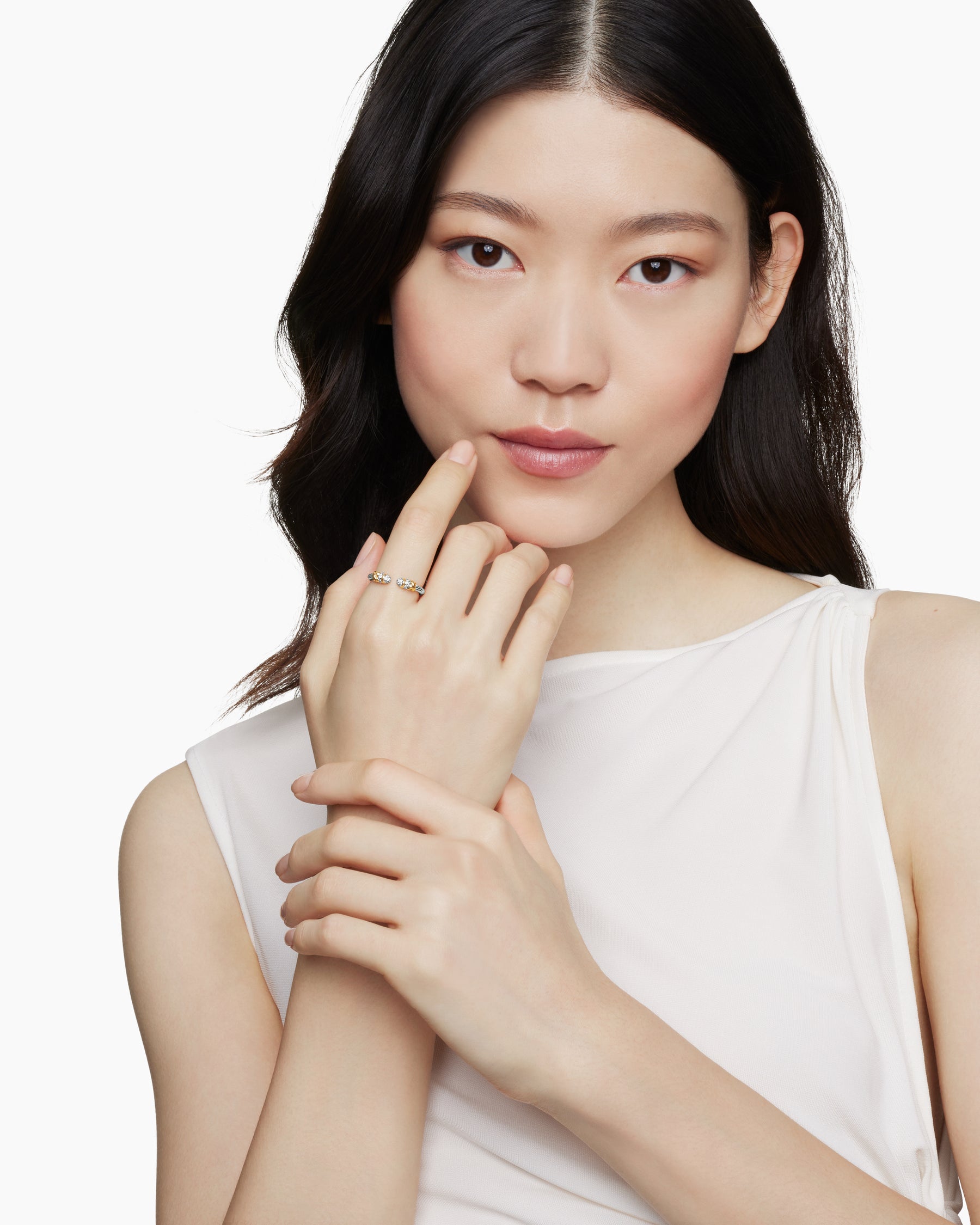 Alternative view of Petite Helena Open Ring in Sterling Silver with 18K Yellow Gold and Diamonds, 2.5mm