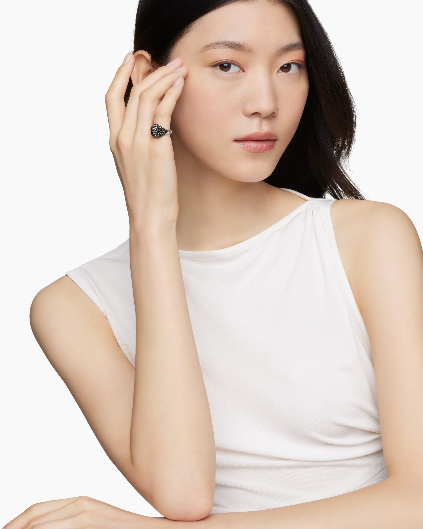 Alternative view of Reverse Set Pavé Pinky Ring in 18K White Gold with Black Diamonds, 14mm