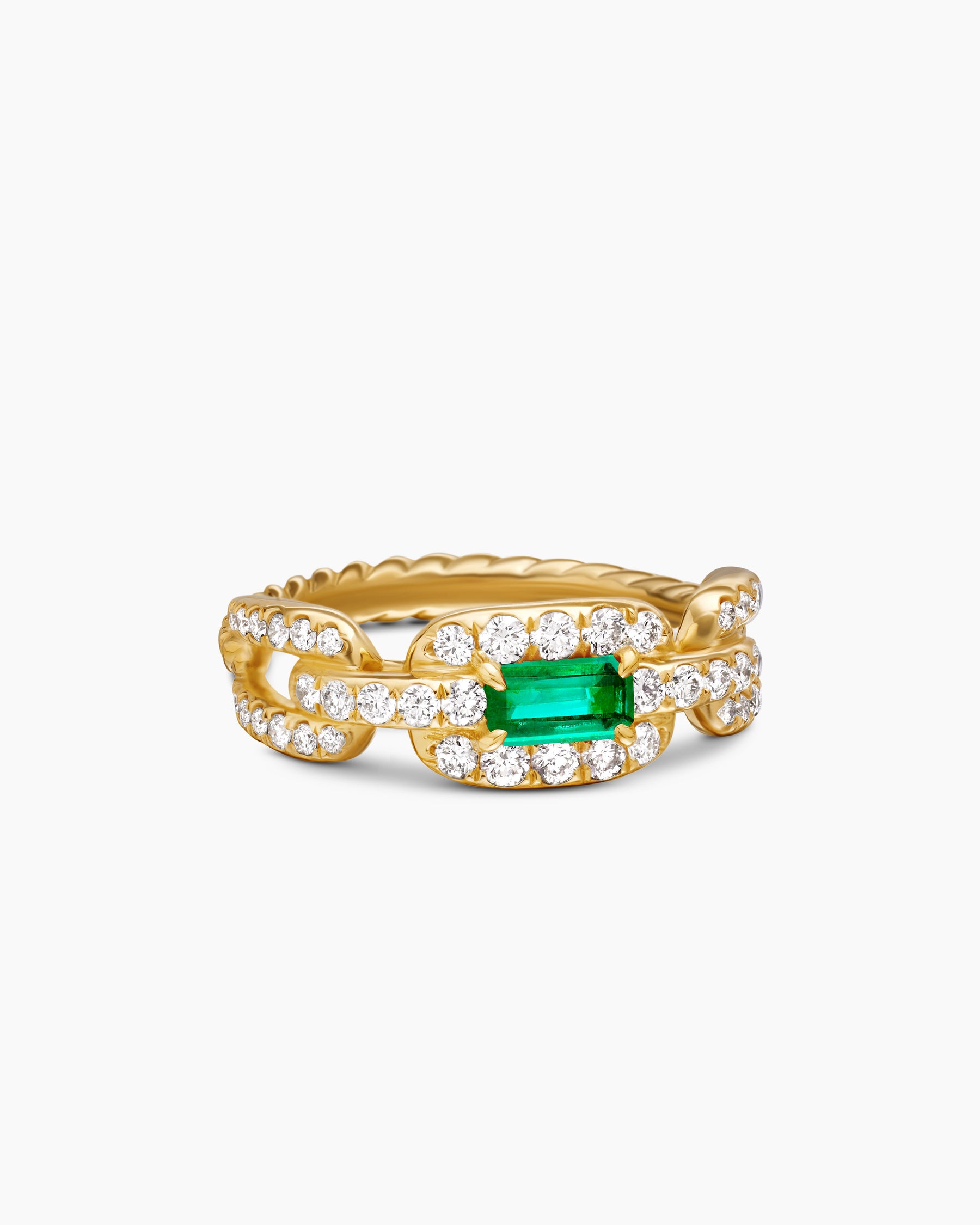 Stax Chain Link Stone Ring in 18K Yellow Gold with Diamonds and Emerald, 7mm