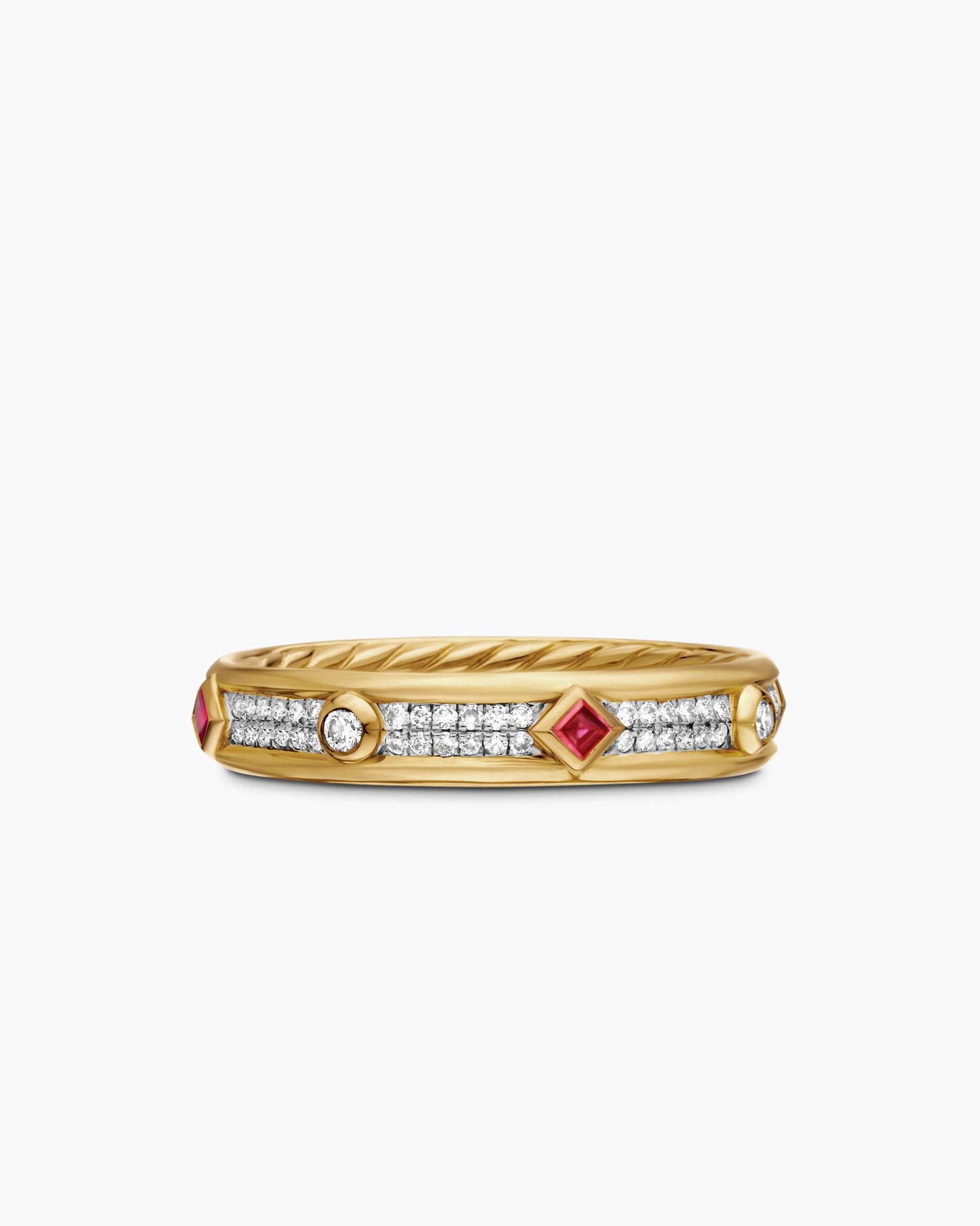 Modern Renaissance Band Ring in 18K Yellow Gold with Diamonds and Rubies, 4mm