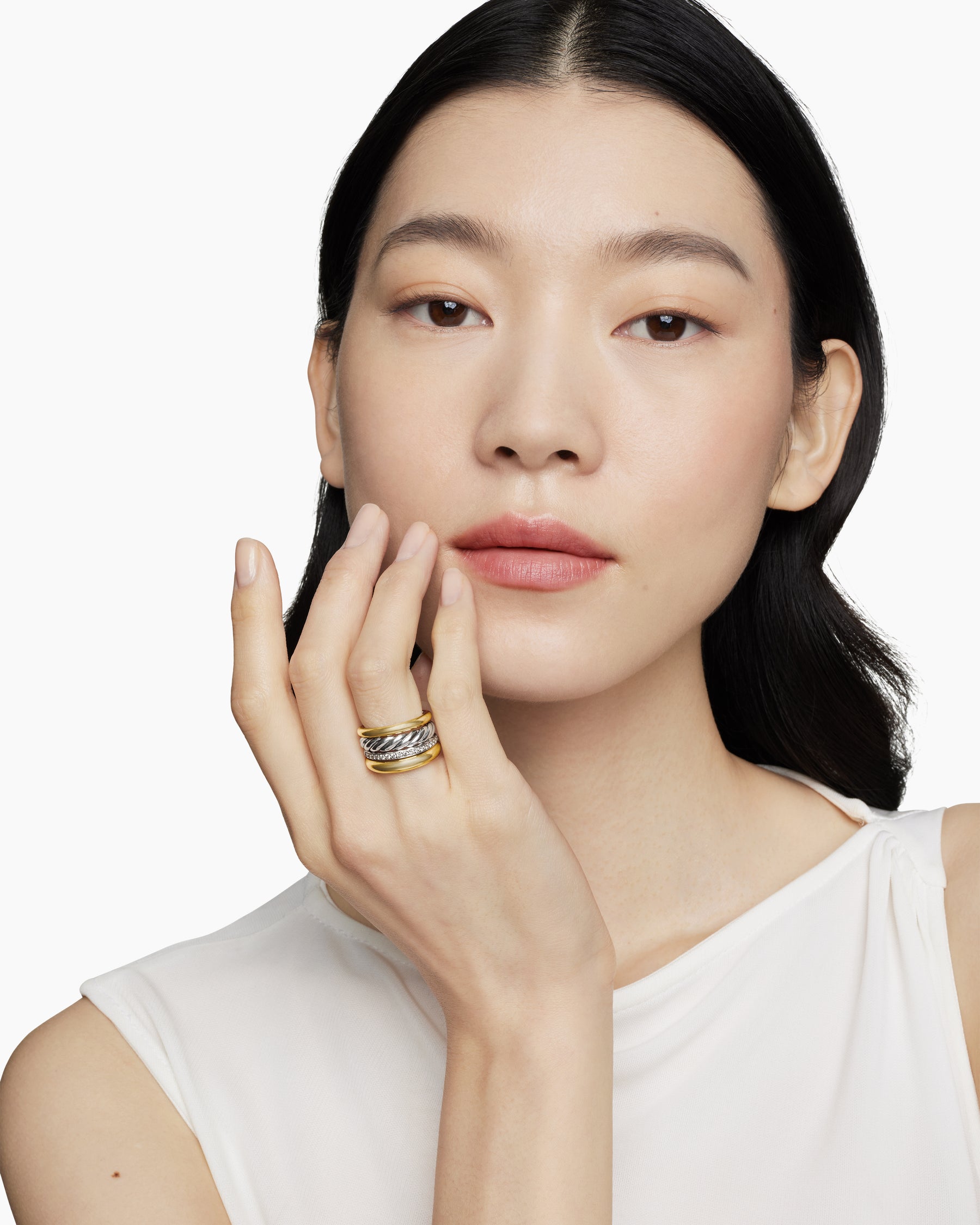 Alternative view of DY Mercer Four Row Ring in Sterling Silver with 18K Yellow Gold and Diamonds, 13.8mm