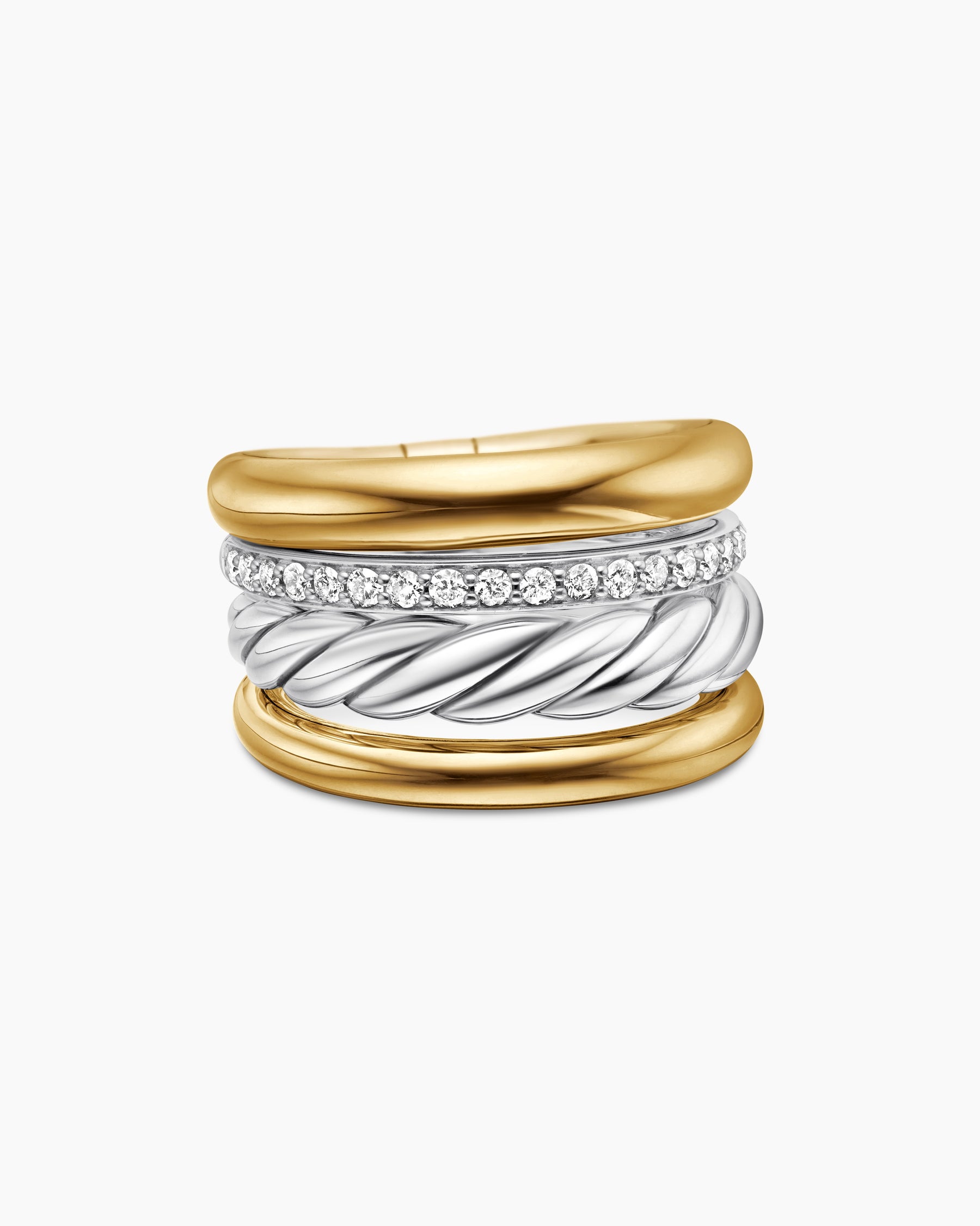 DY Mercer Four Row Ring in Sterling Silver with 18K Yellow Gold and Diamonds, 13.8mm