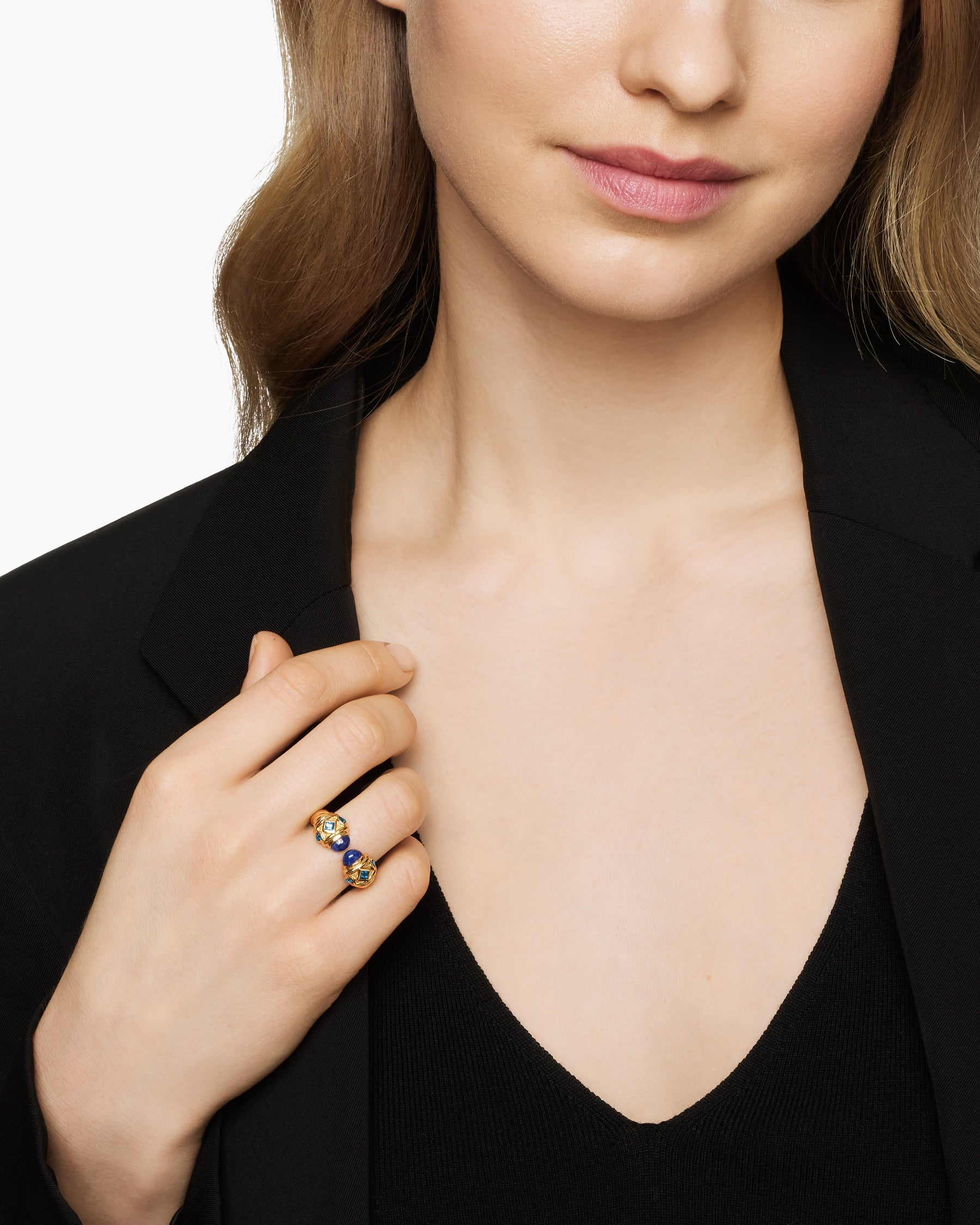 Alternative view of Renaissance Color Ring in 18K Yellow Gold with Lapis and Hampton Blue Topaz, 10mm