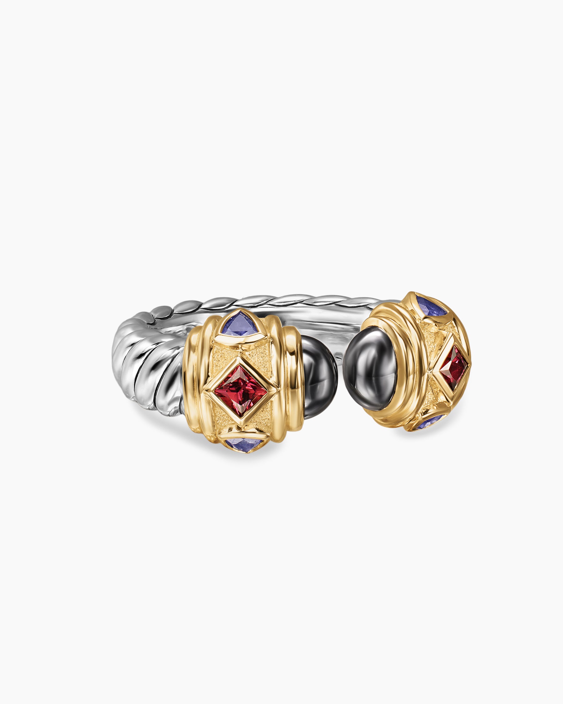 Renaissance Color Ring in Sterling Silver with 14K Yellow Gold, Hematine, Rhodolite Garnet and Iolite, 10mm