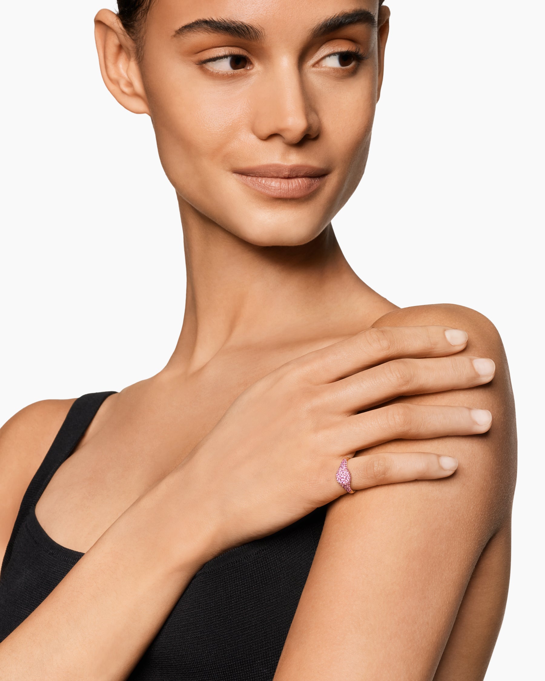 Alternative view of Petite Pavé Pinky Ring in 18K Rose Gold with Pink Sapphires, 7mm