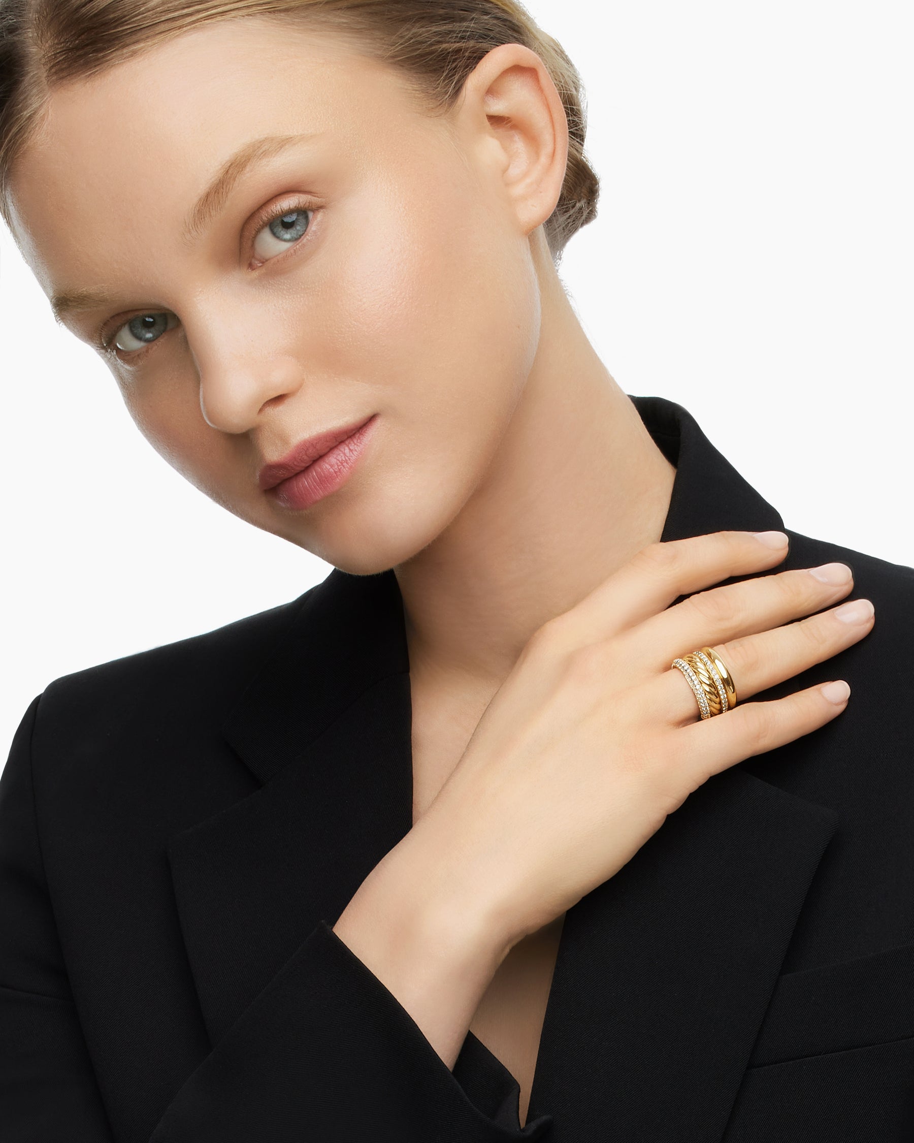 Alternative view of DY Mercer Multi Row Ring in 18K Yellow Gold with Diamonds, 14mm