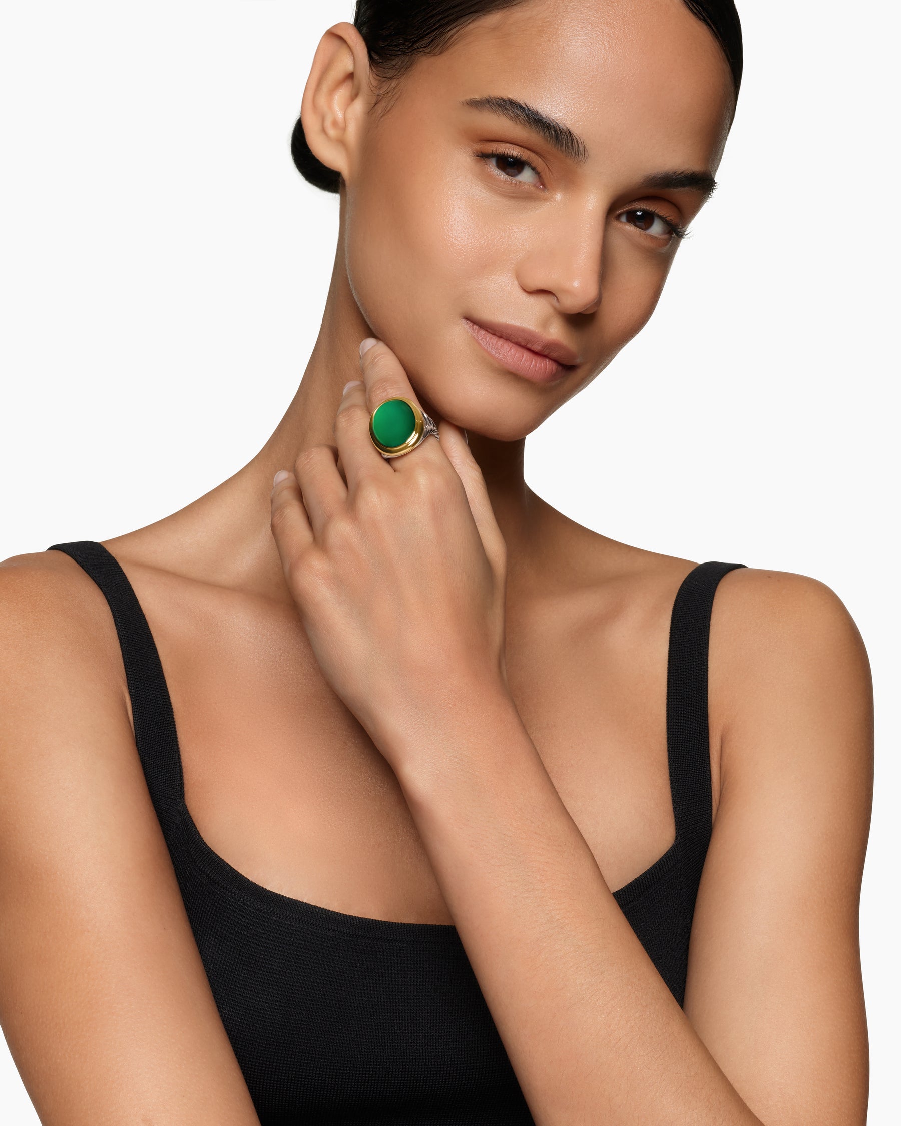 Alternative view of Albion Oval Ring in Sterling Silver with 18K Yellow Gold and Green Onyx, 21mm