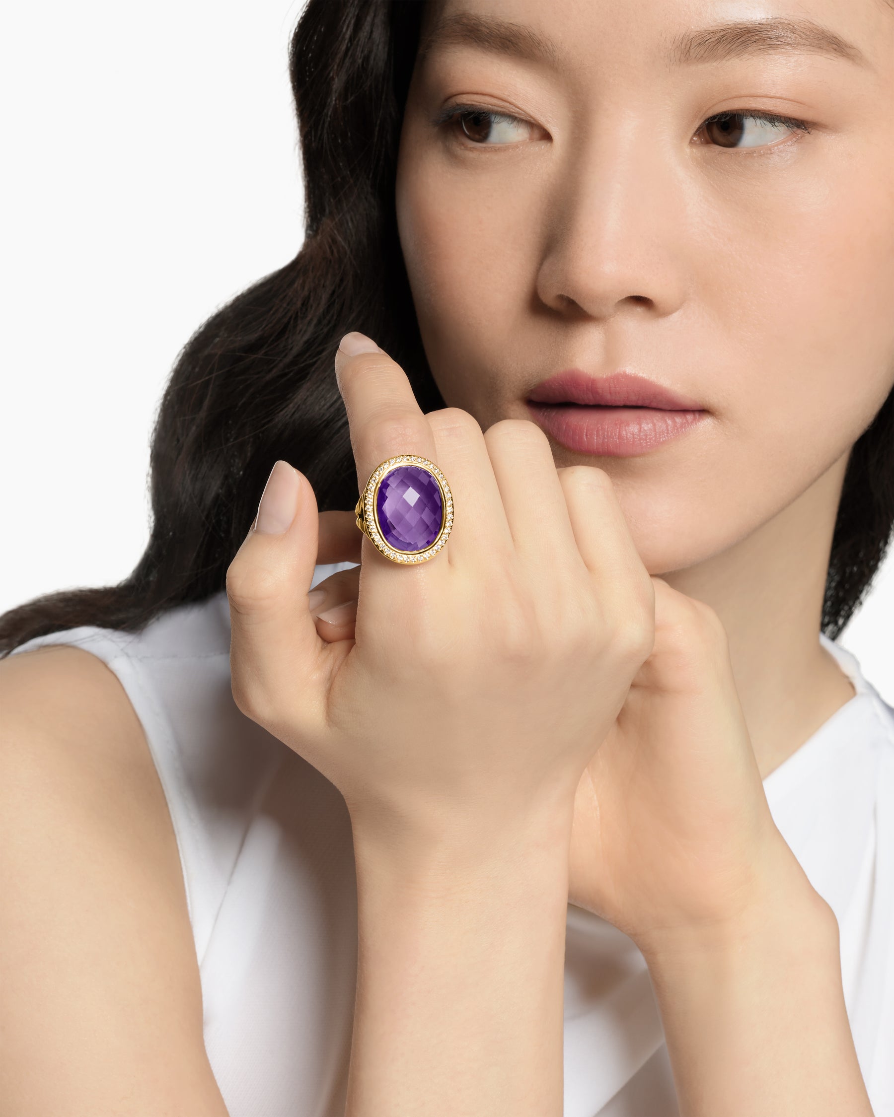 Alternative view of Albion Oval Ring in 18K Yellow Gold with Amethyst and Diamonds, 21mm