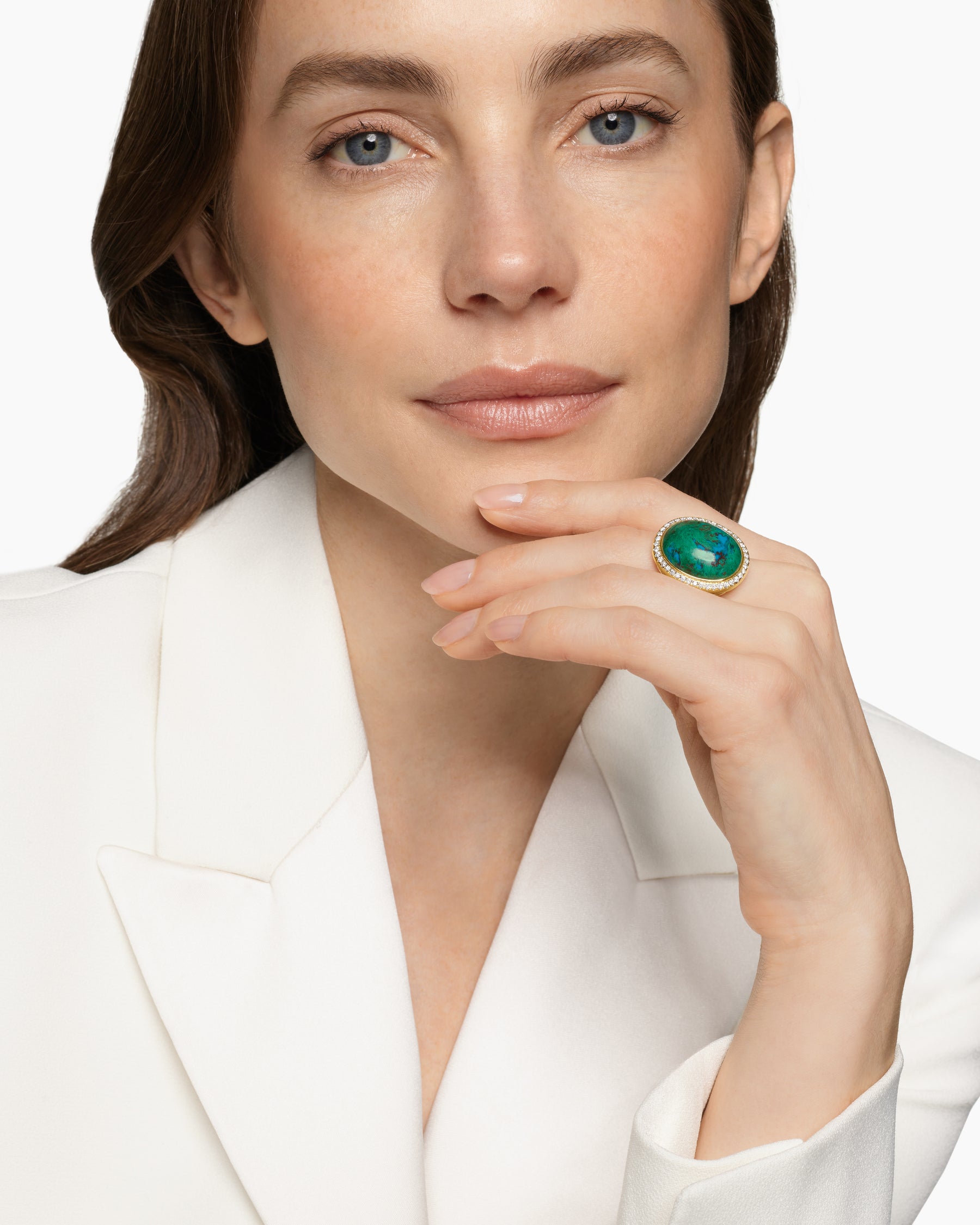 Alternative view of Albion Oval Ring in 18K Yellow Gold with Chrysocolla and Diamonds, 21mm