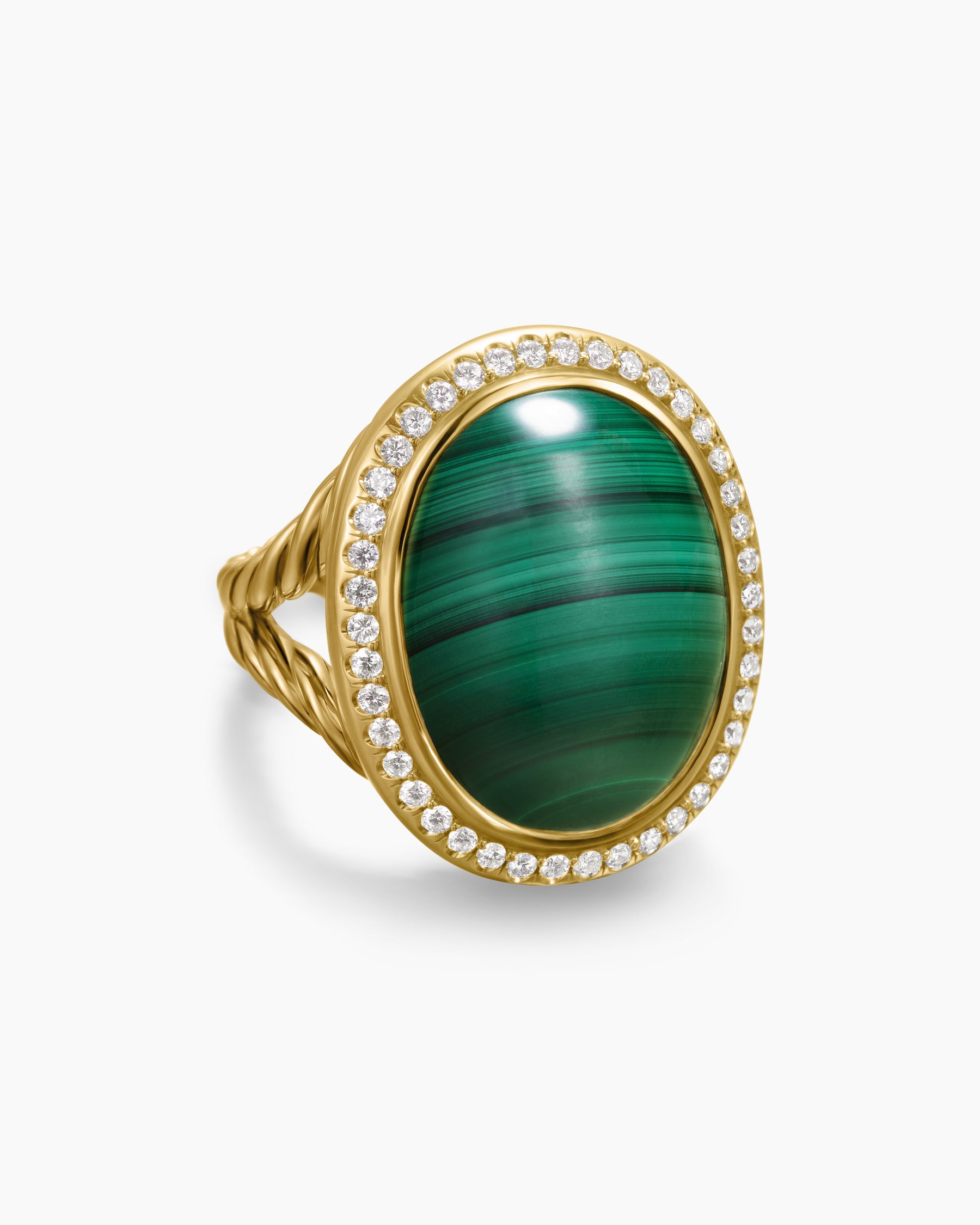 Albion Oval Ring in 18K Yellow Gold with Malachite and Diamonds, 21mm