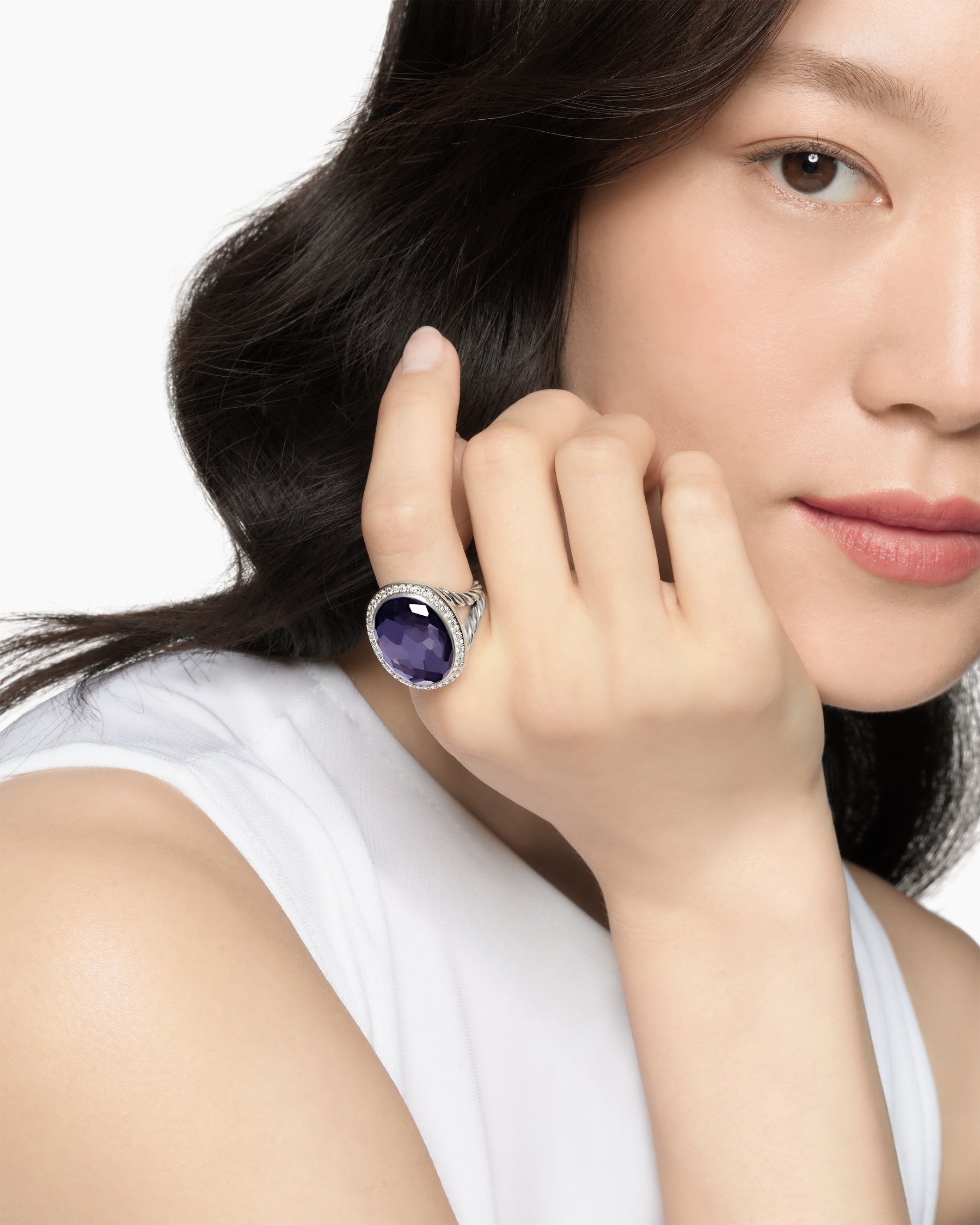 Alternative view of Albion Oval Ring in Sterling Silver with Black Orchid and Diamonds, 21mm