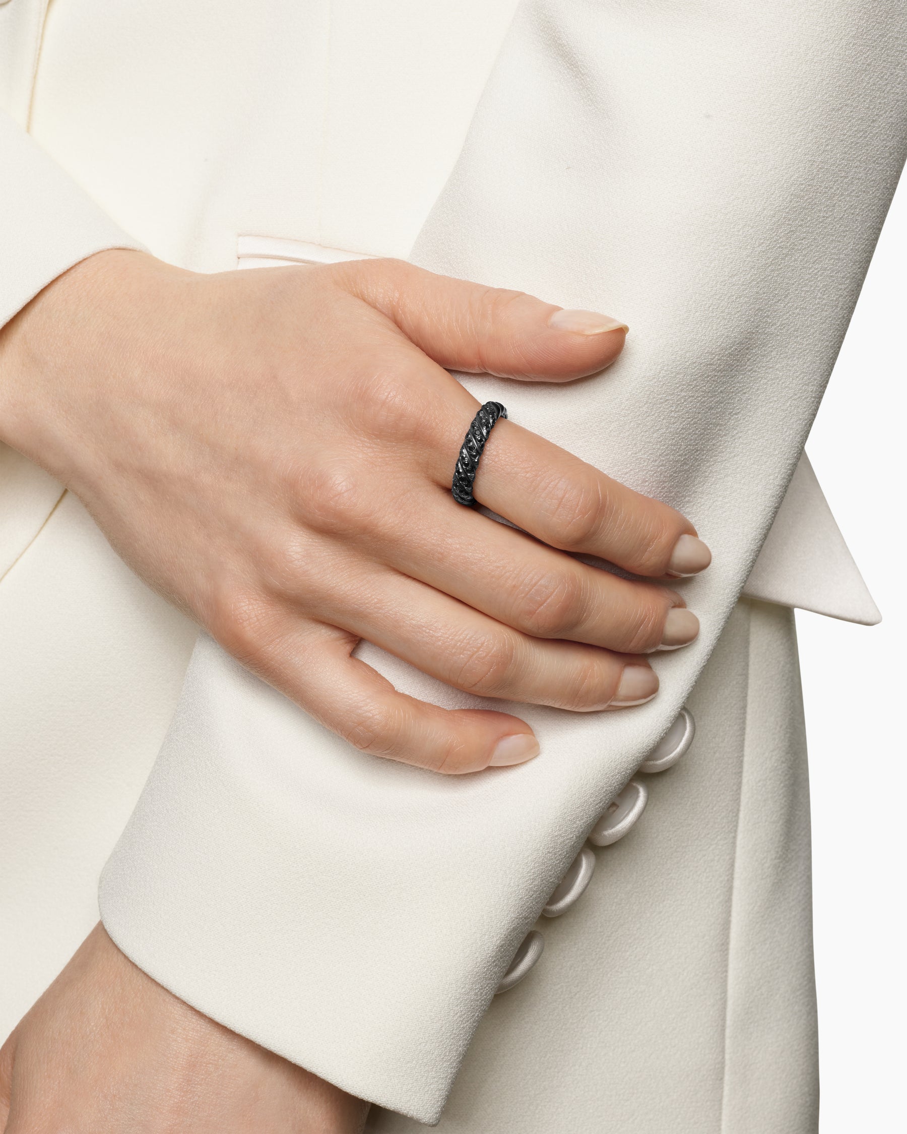 Alternative view of Sculpted Cable Band Ring in Black Titanium with Black Diamonds, 4.6mm