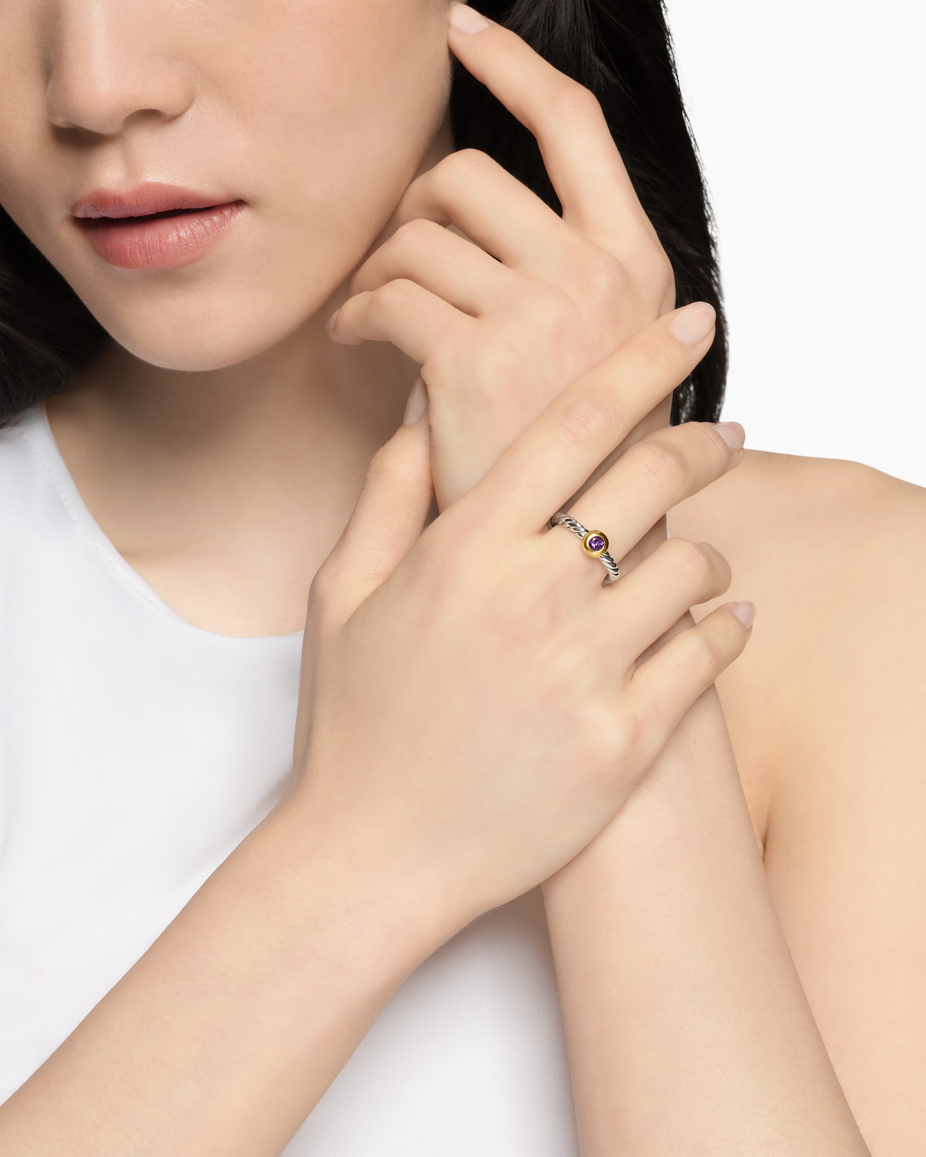 Alternative view of Petite Cable Ring in Sterling Silver with 14K Yellow Gold and Amethyst, 2.8mm