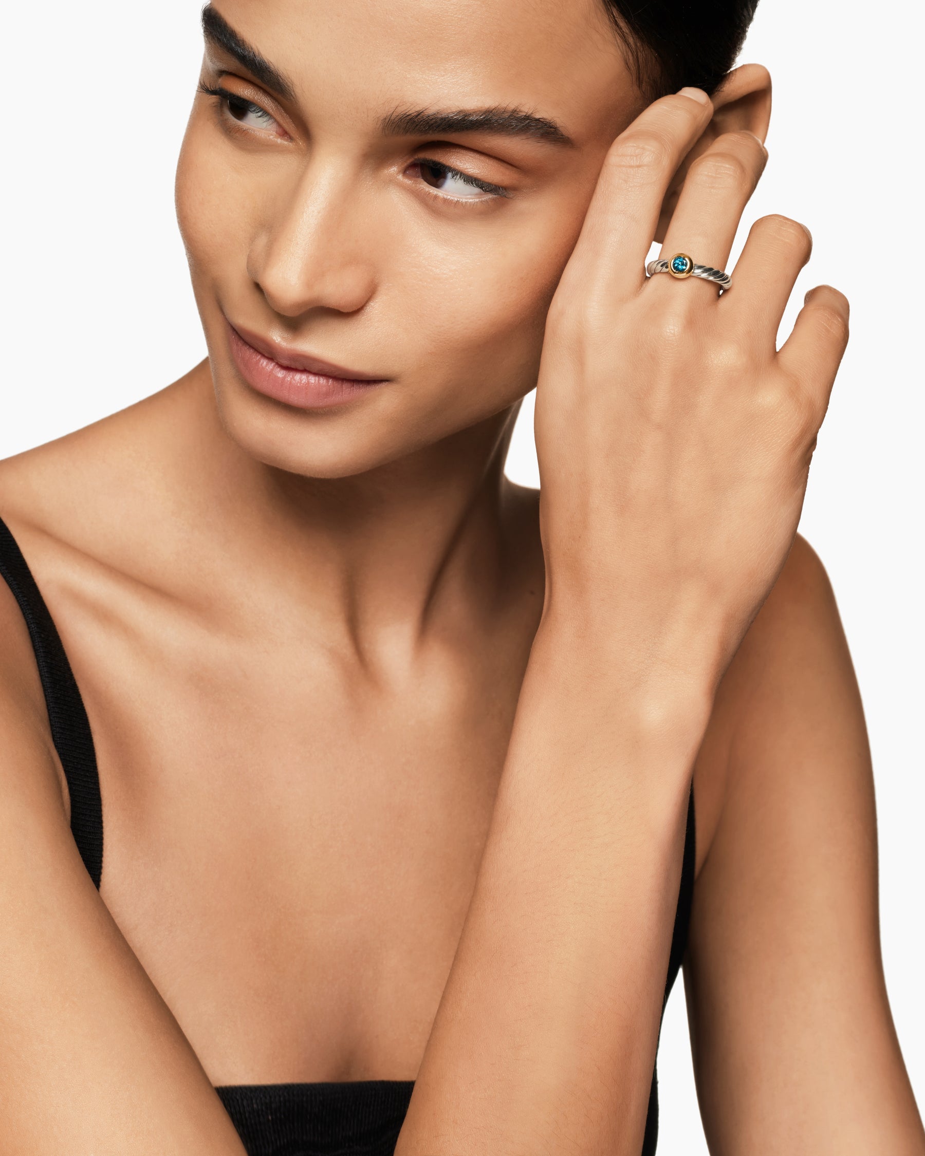 Alternative view of Petite Cable Ring in Sterling Silver with 14K Yellow Gold and Blue Topaz, 2.8mm