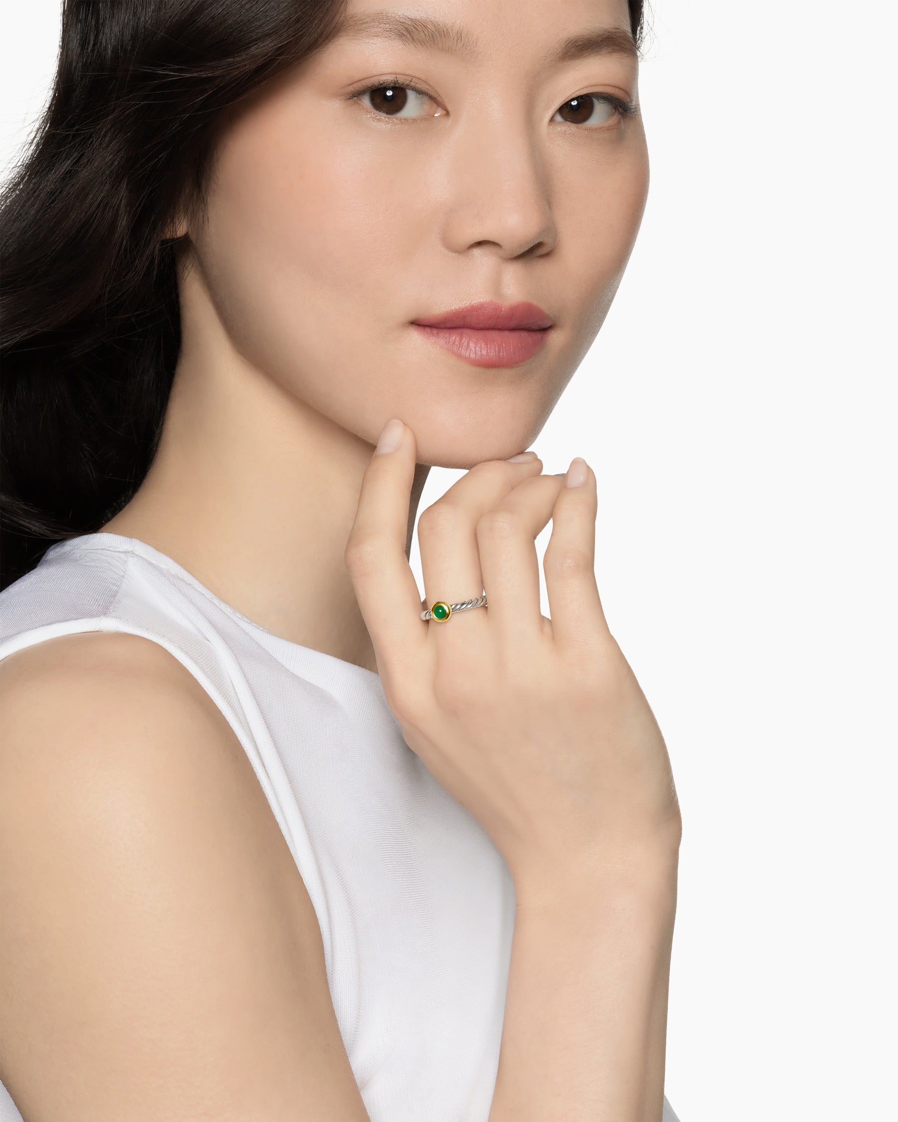 Alternative view of Petite Cable Ring in Sterling Silver with 14K Yellow Gold and Green Onyx, 2.8mm