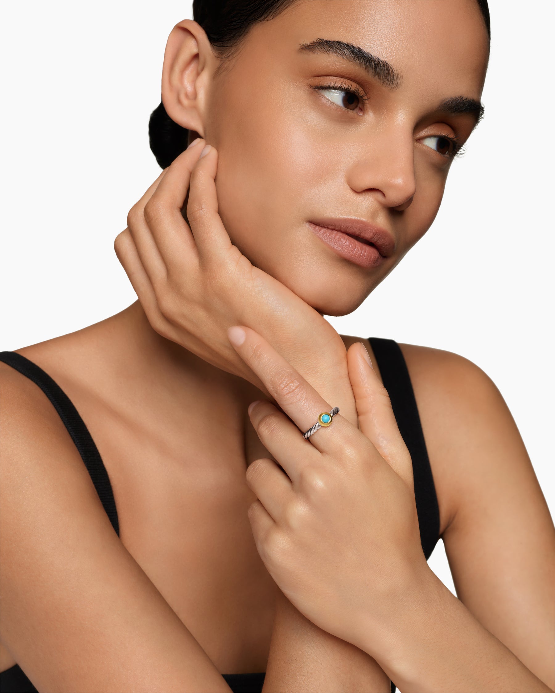 Alternative view of Petite Cable Ring in Sterling Silver with 14K Yellow Gold and Turquoise, 2.8mm