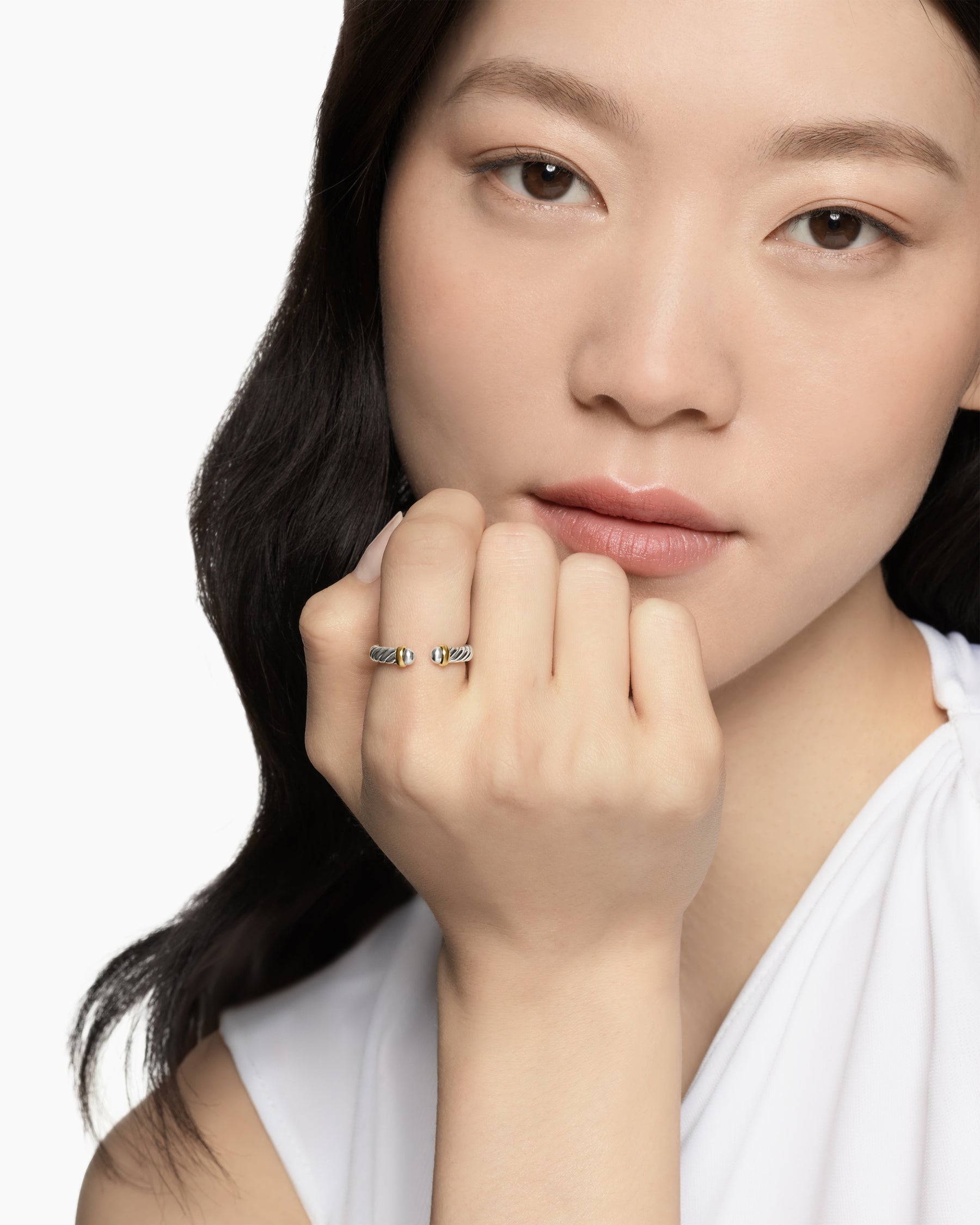 Petite Cable Open Ring in Sterling Silver with 14K Yellow Gold, 3.4mm - Image 2