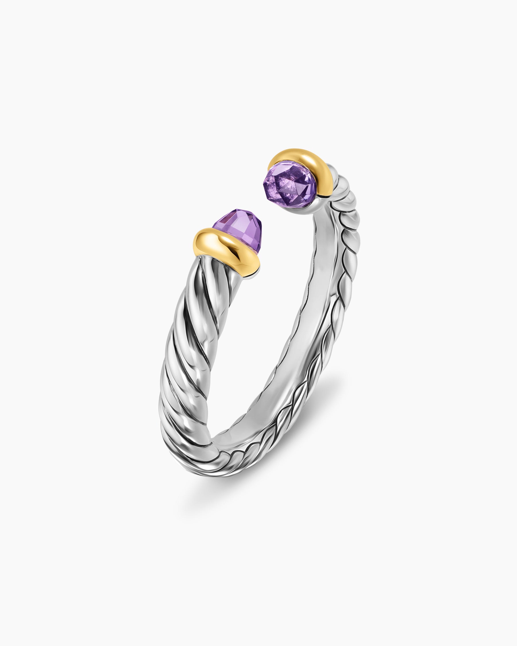 Petite Cable Open Ring in Sterling Silver with 14K Yellow Gold and Amethyst, 3.4mm - Image 3
