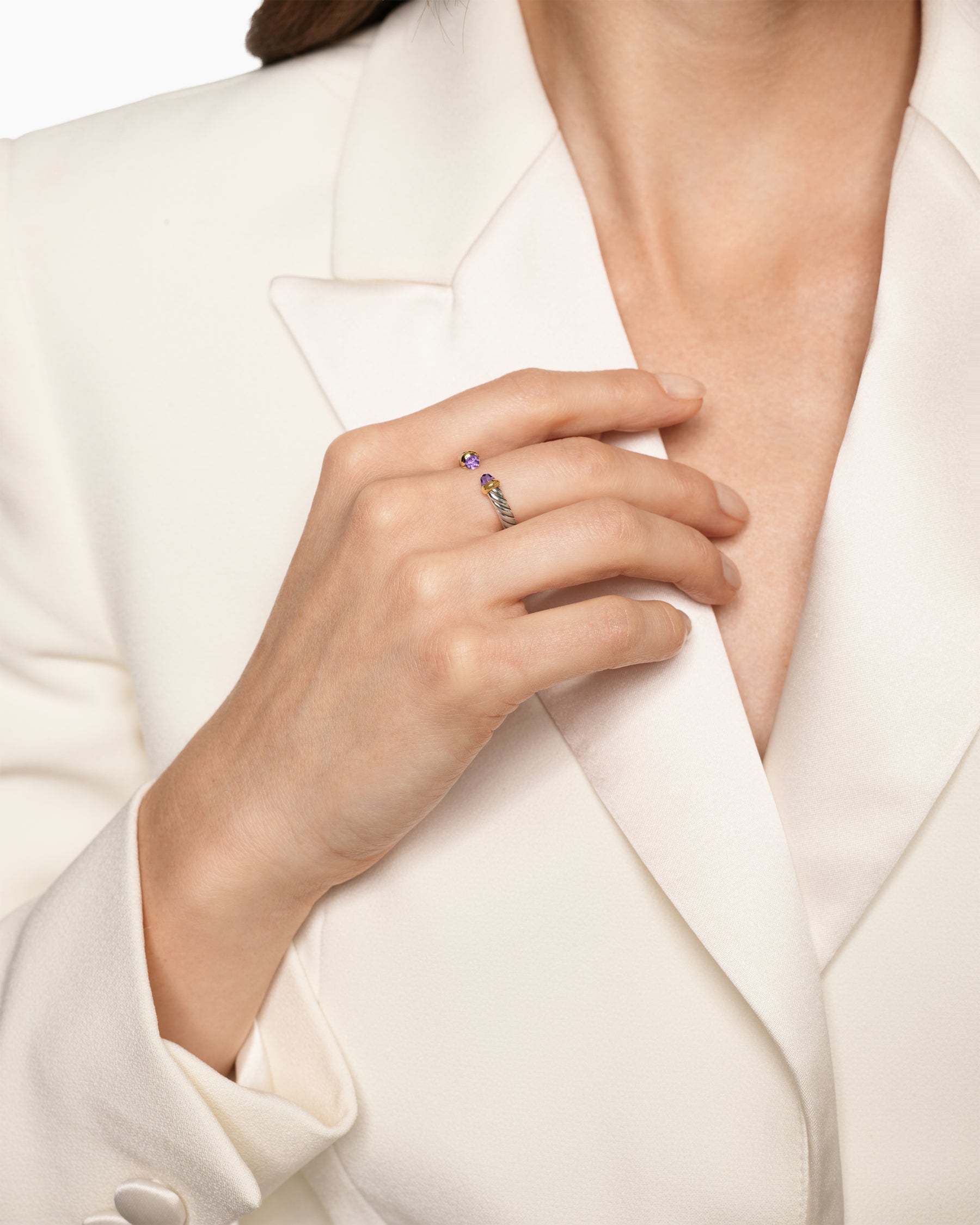 Petite Cable Open Ring in Sterling Silver with 14K Yellow Gold and Amethyst, 3.4mm - Image 2