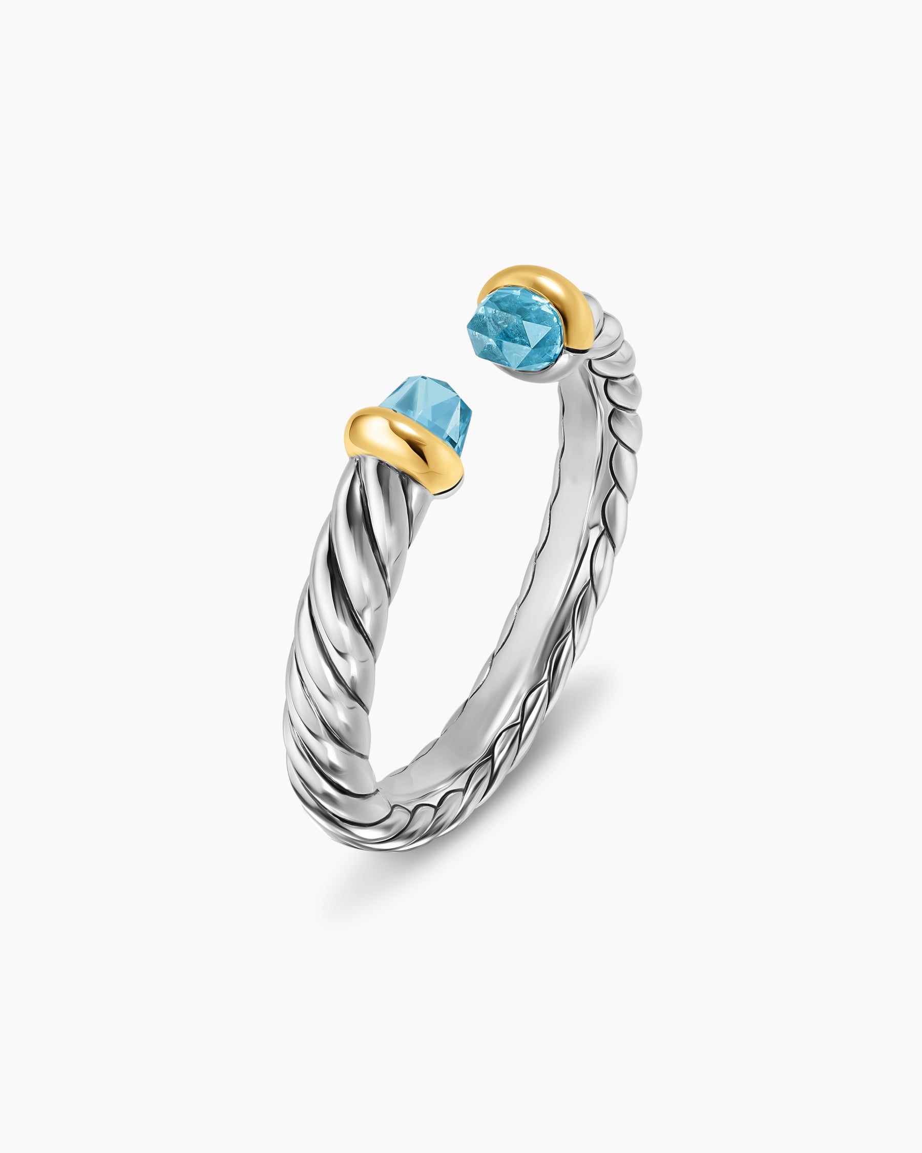 Petite Cable Open Ring in Sterling Silver with 14K Yellow Gold and Blue Topaz, 3.4mm - Image 3