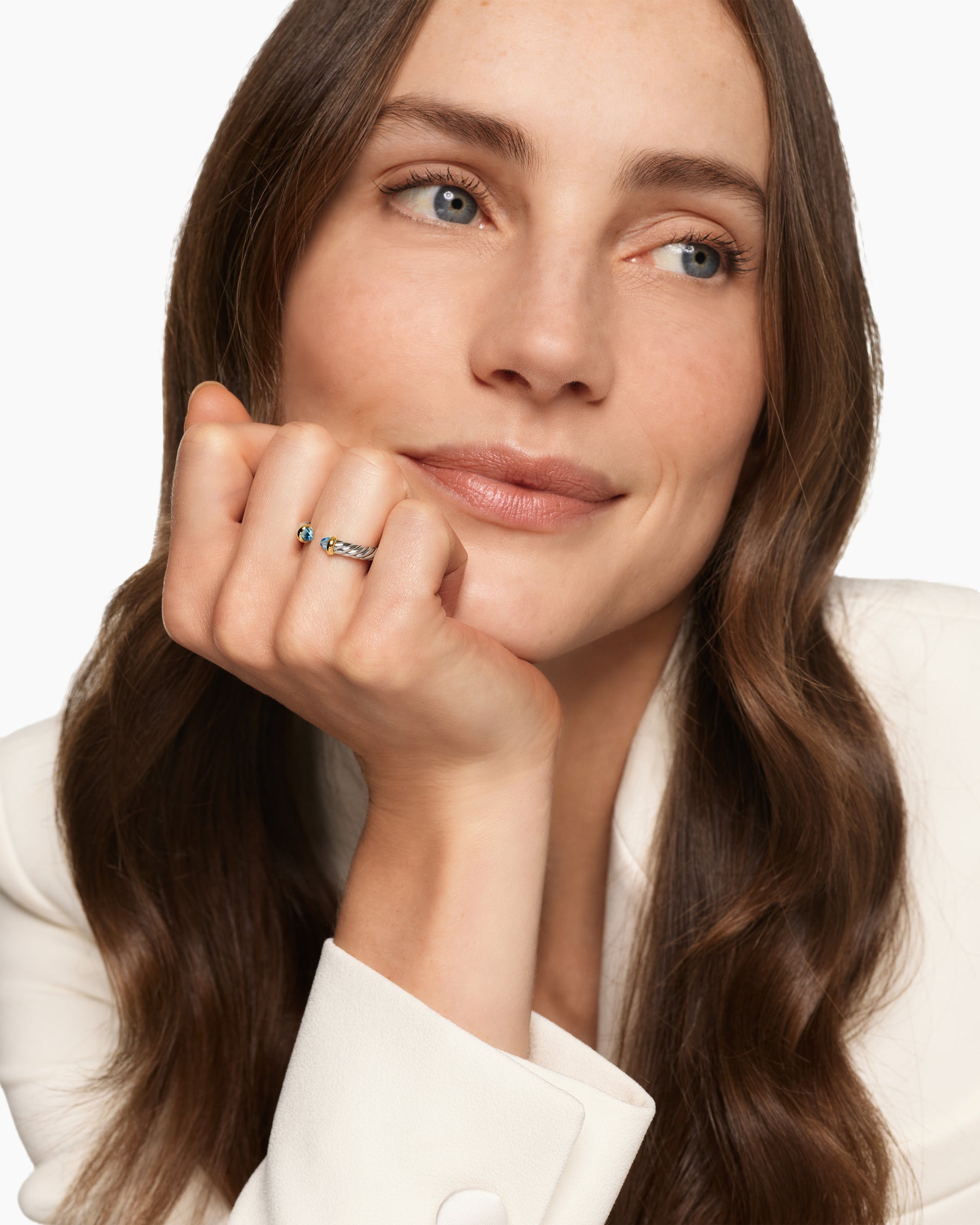Alternative view of Petite Cable Open Ring in Sterling Silver with 14K Yellow Gold and Blue Topaz, 3.4mm