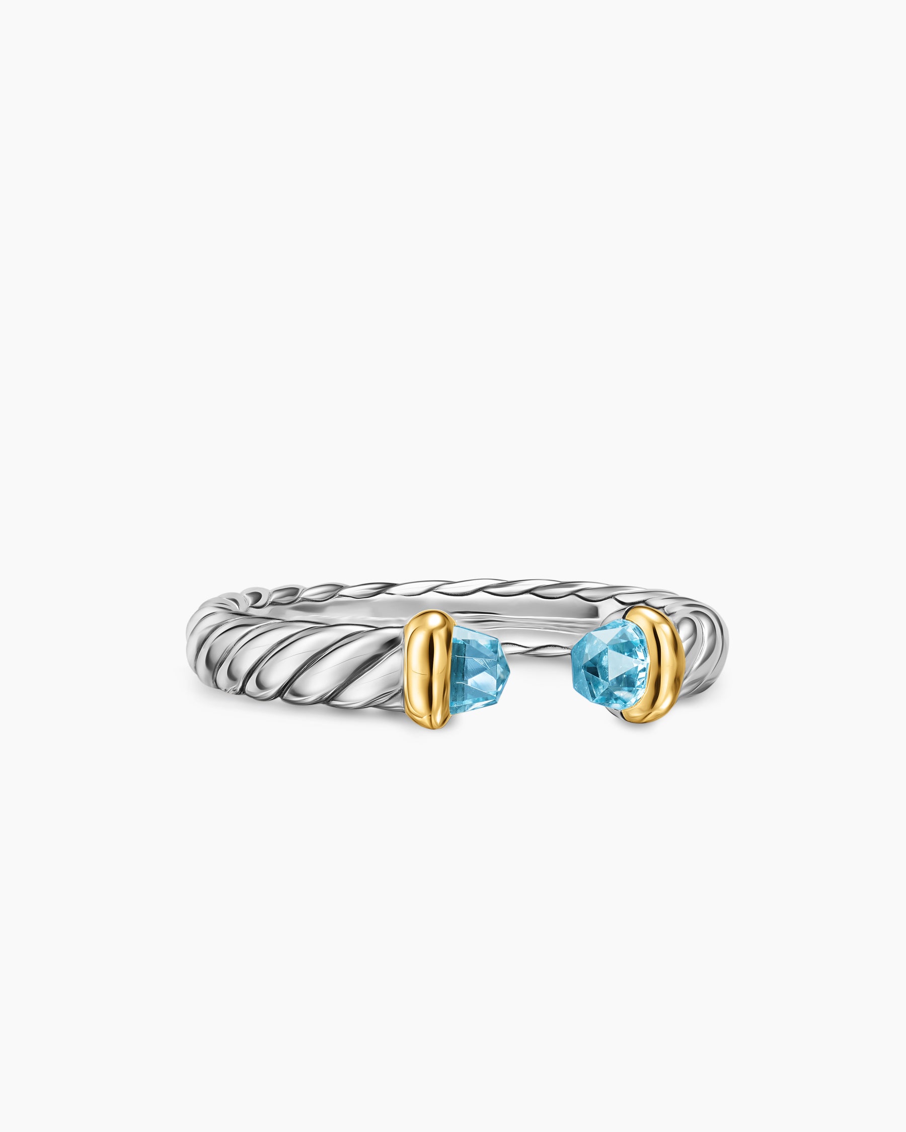 Petite Cable Open Ring in Sterling Silver with 14K Yellow Gold and Blue Topaz, 3.4mm