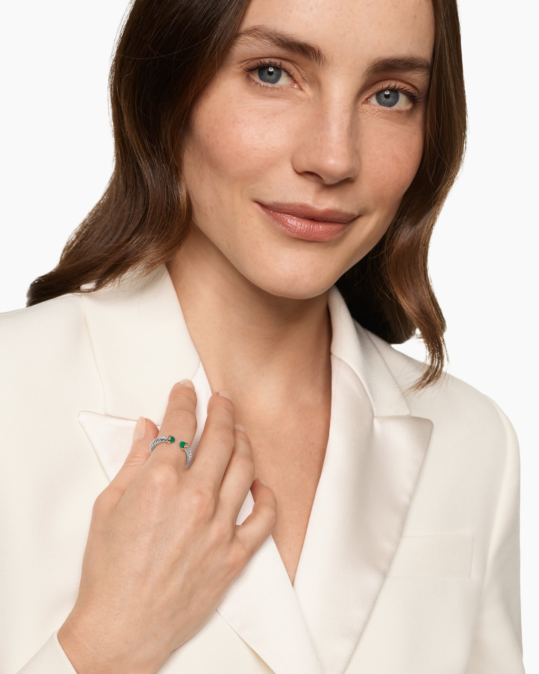 Alternative view of Petite Cable Open Ring in Sterling Silver with 14K Yellow Gold and Green Onyx, 3.4mm