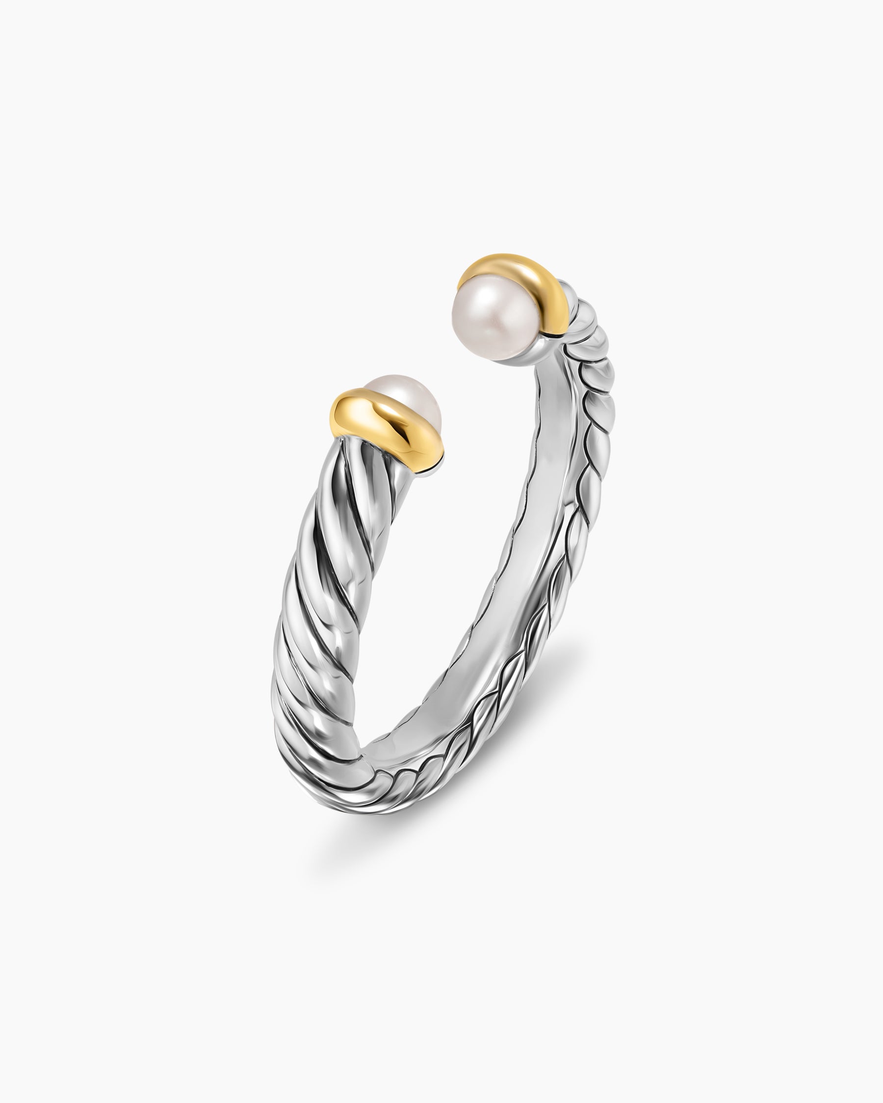 Petite Cable Open Ring in Sterling Silver with 14K Yellow Gold and Pearls, 3.4mm - Image 3