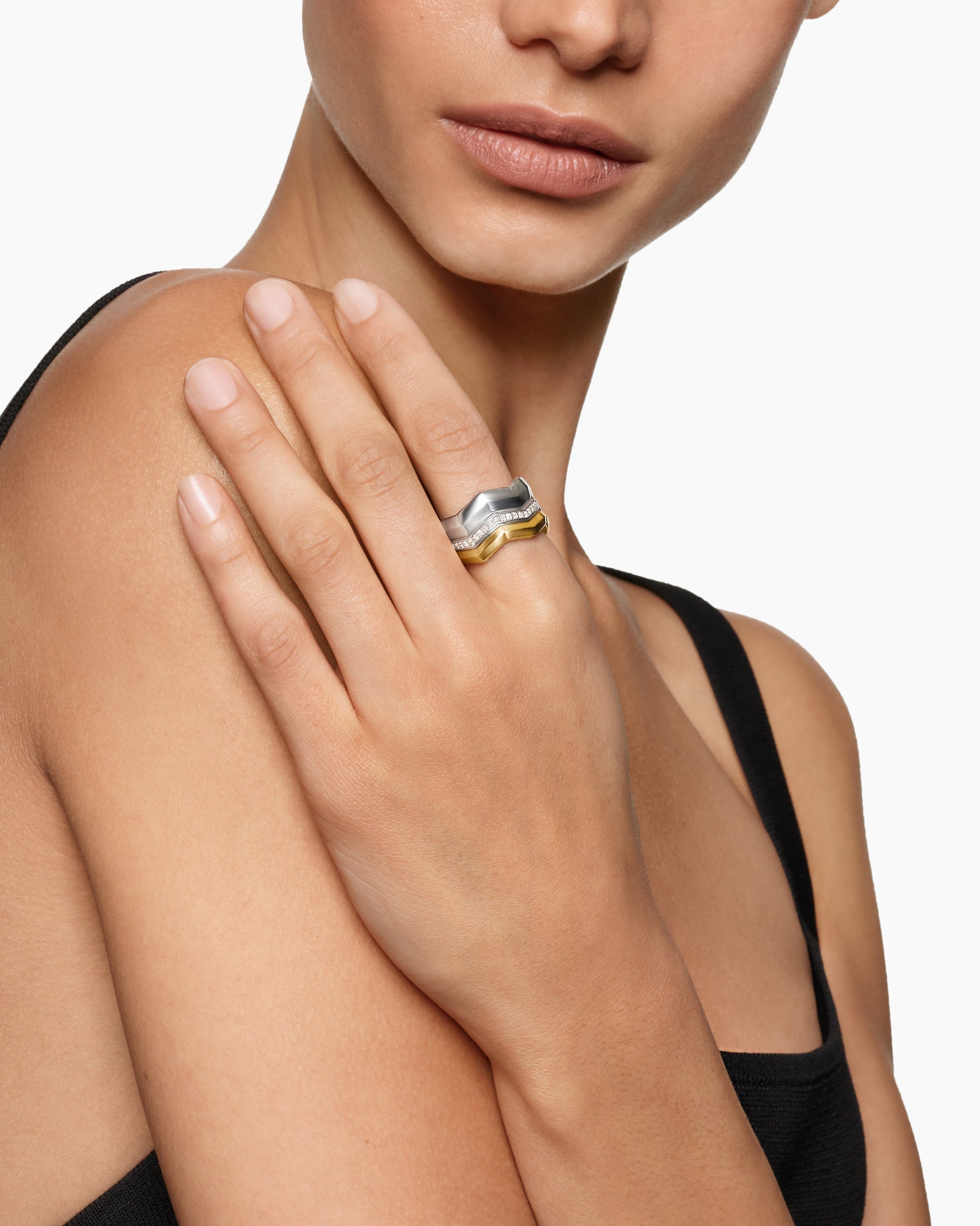 Alternative view of Zig Zag Stax Three Row Ring in Sterling Silver with 18K Yellow Gold and Diamonds, 11.7mm