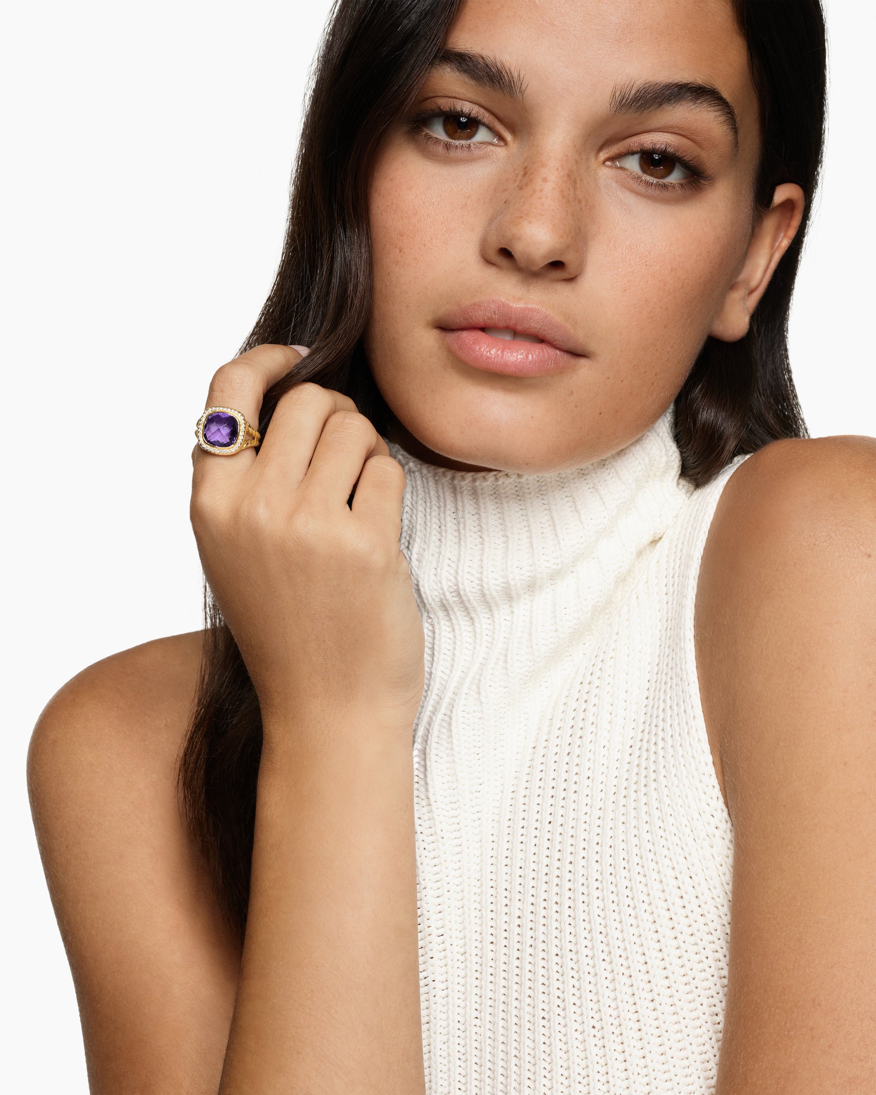 Alternative view of Albion Ring in 18K Yellow Gold with Amethyst and Diamonds, 11mm
