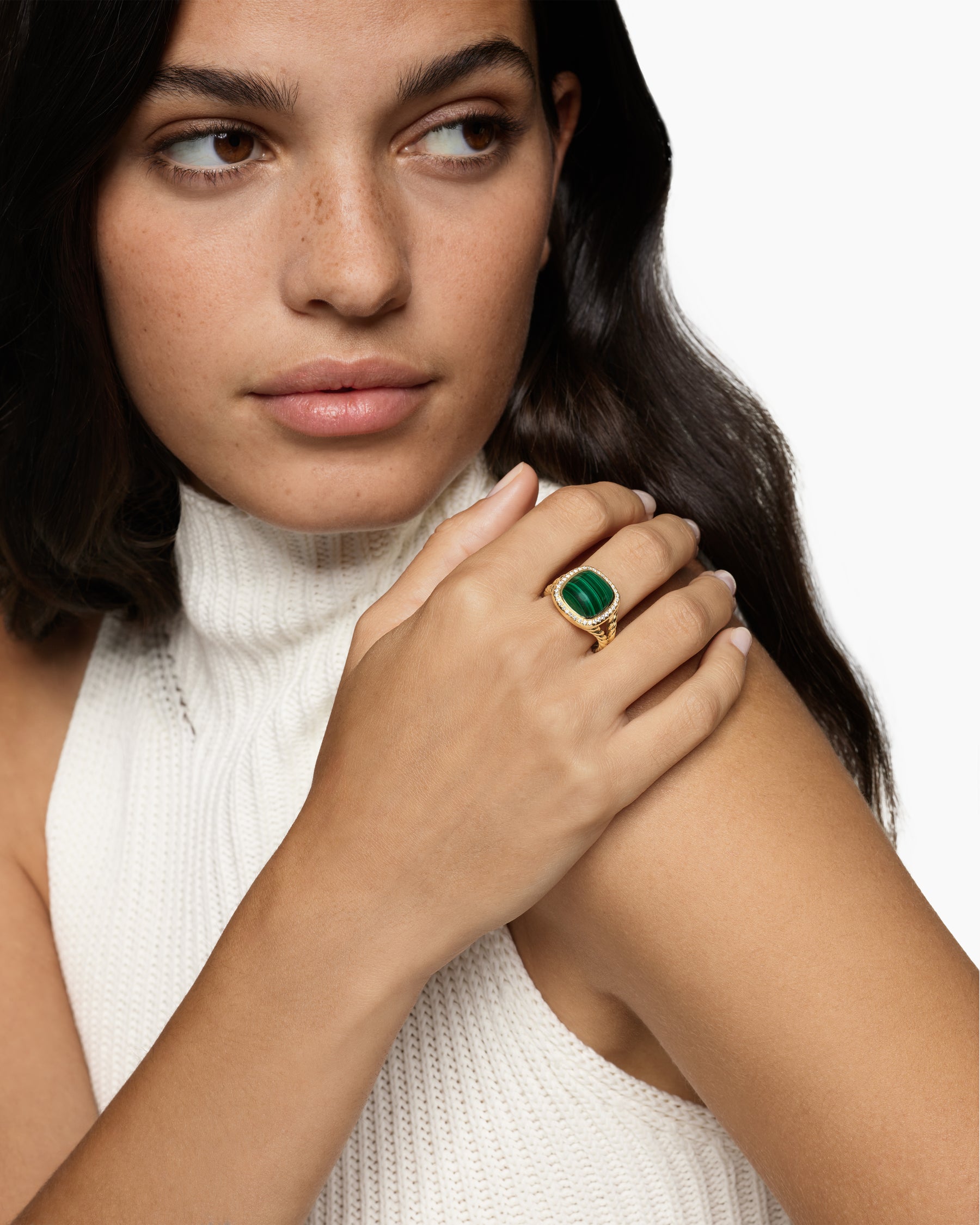 Alternative view of Albion Ring in 18K Yellow Gold with Malachite and Diamonds, 11mm