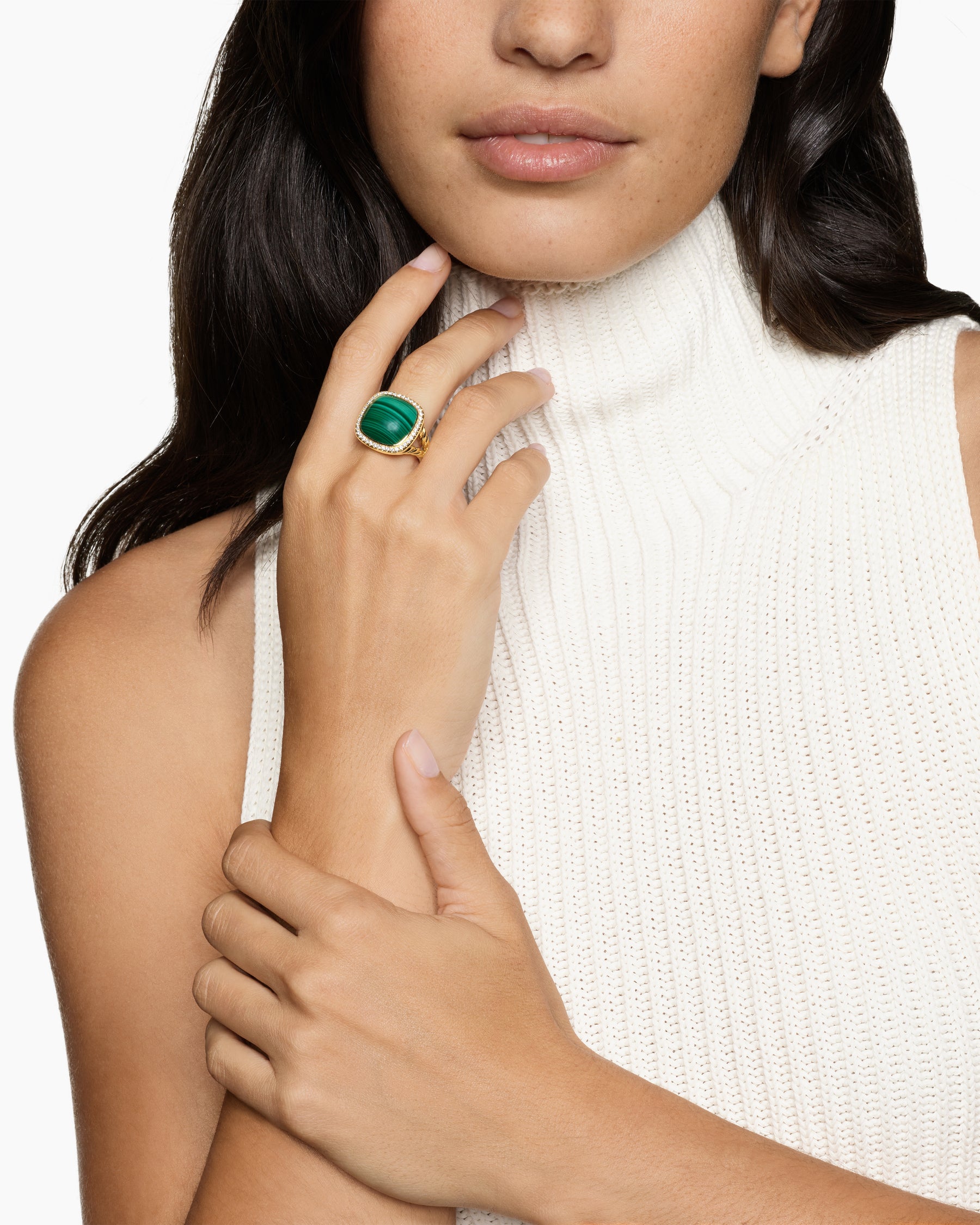 Alternative view of Albion Ring in 18K Yellow Gold with Malachite and Diamonds, 15mm