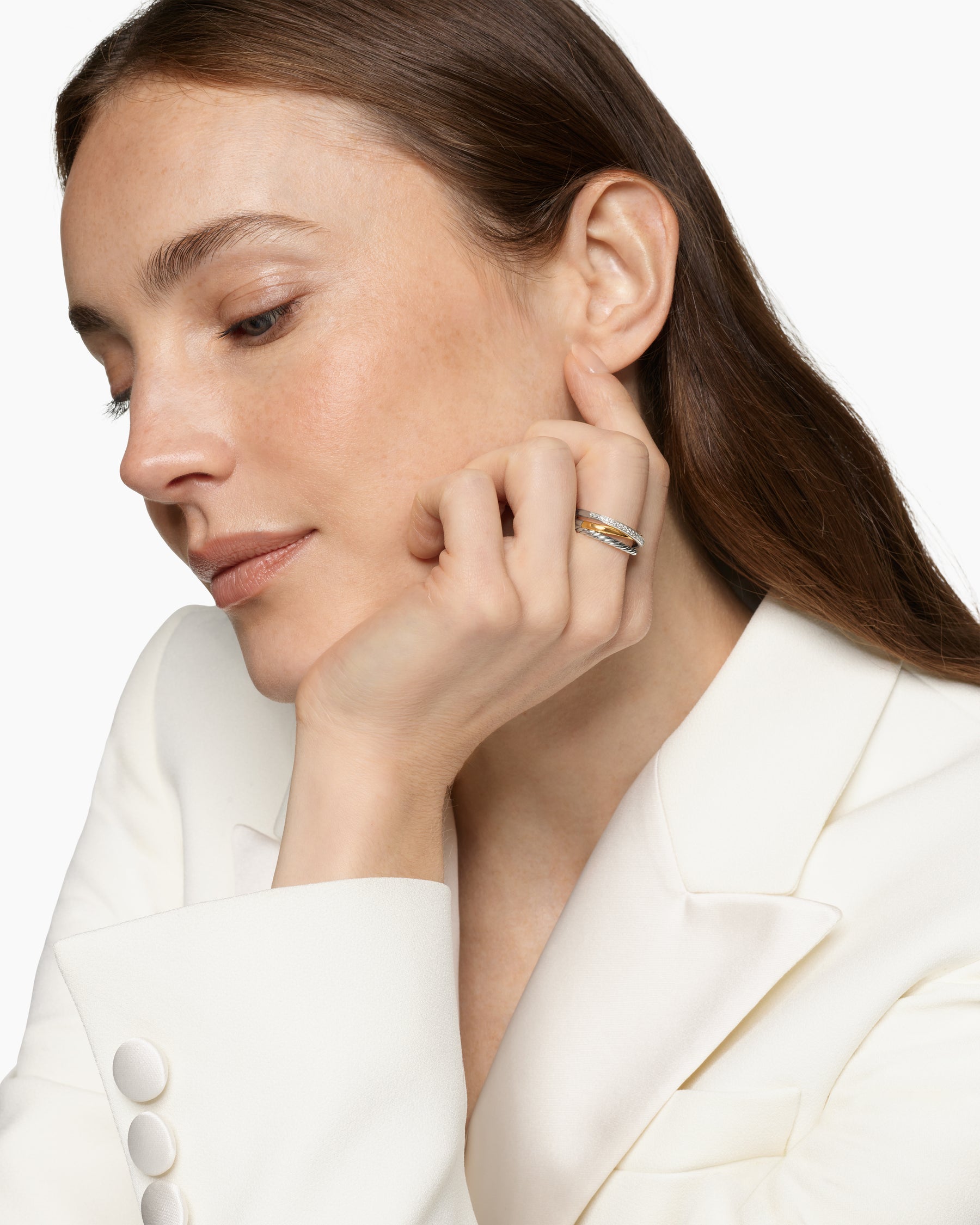 Alternative view of Crossover Three Row Ring in Sterling Silver with 18K Yellow Gold and Diamonds, 7mm