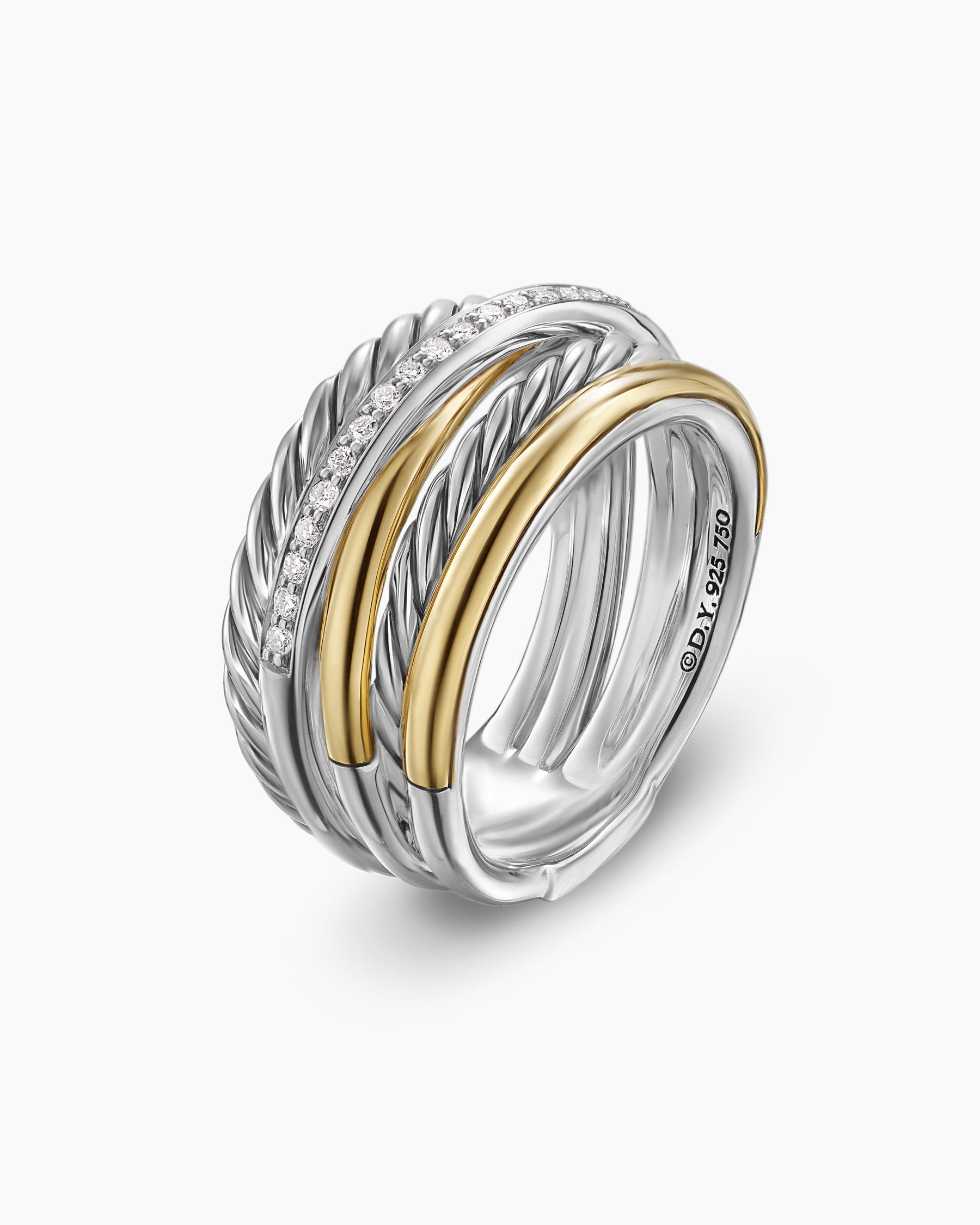 Crossover Five Row Ring in Sterling Silver with 18K Yellow Gold and Diamonds, 11mm - Image 3