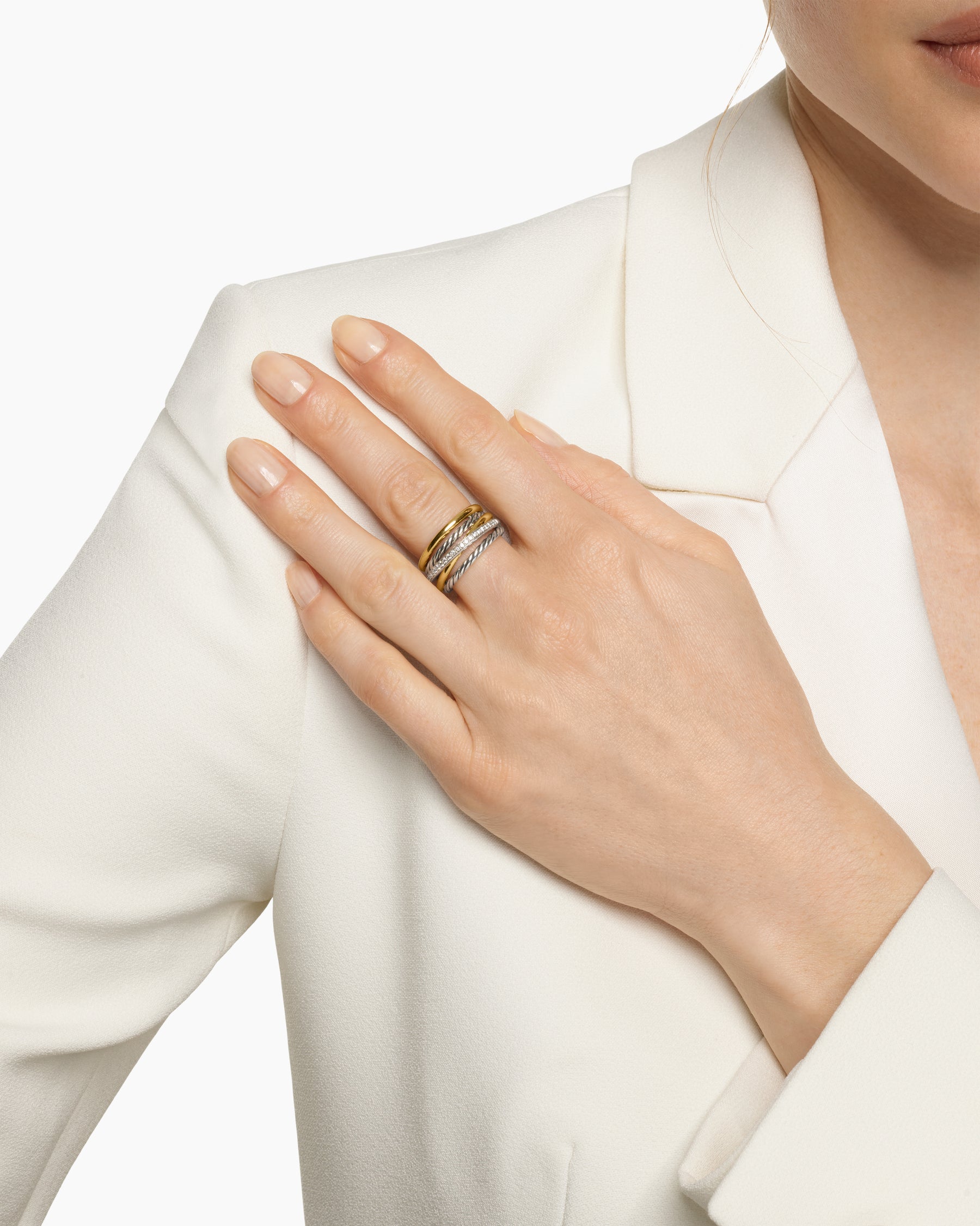 Crossover Five Row Ring in Sterling Silver with 18K Yellow Gold and Diamonds, 11mm - Image 2