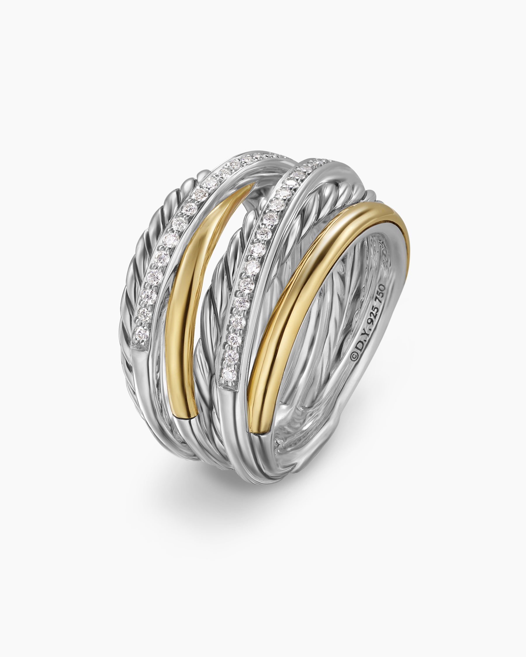 Crossover Seven Row Ring in Sterling Silver with 18K Yellow Gold and Diamonds, 16mm - Image 3