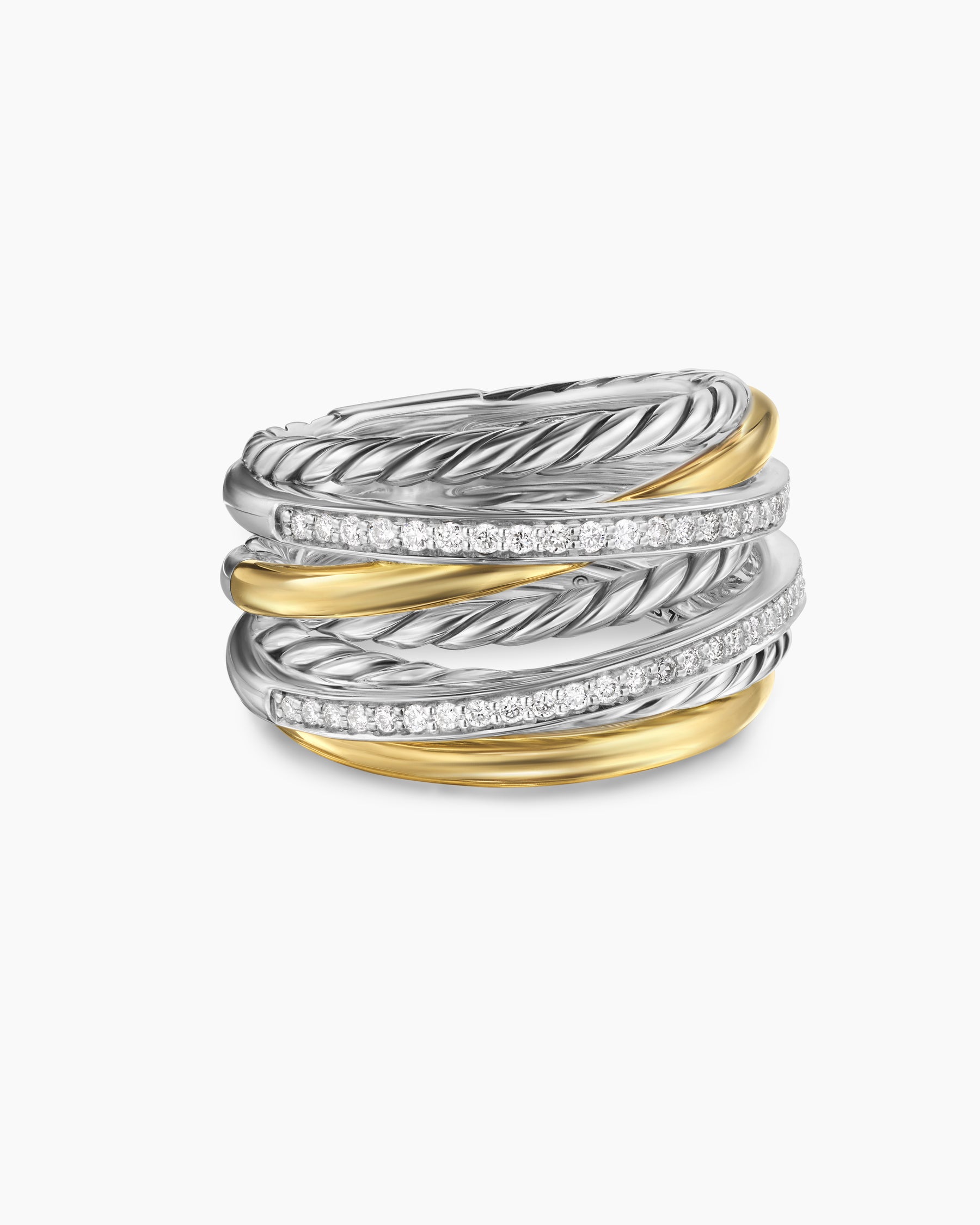 Crossover Seven Row Ring in Sterling Silver with 18K Yellow Gold and Diamonds, 16mm