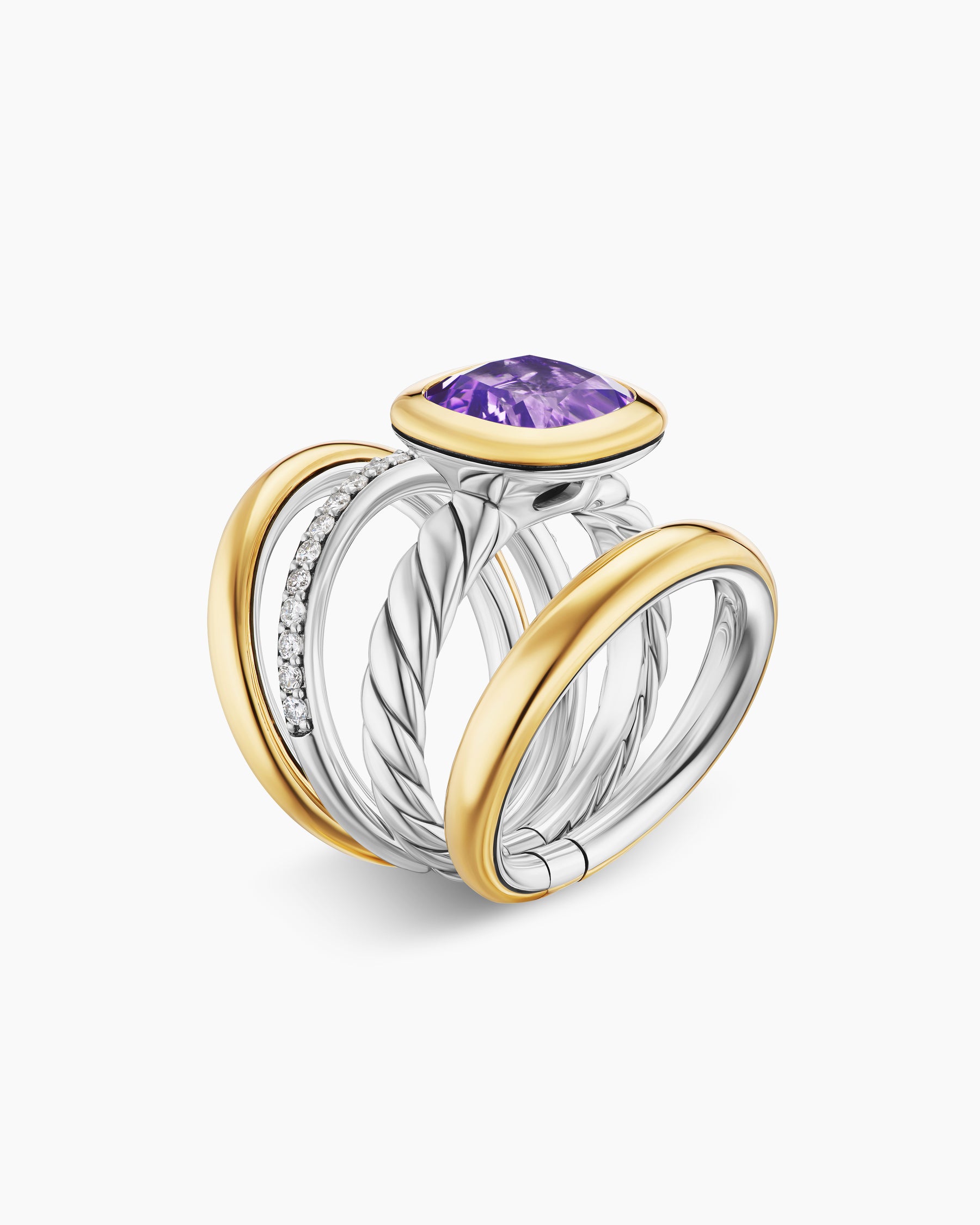 DY Mercer Color Four Row Stone Ring in Sterling Silver with 18K Yellow Gold, Amethyst and Diamonds, 14mm - Image 3