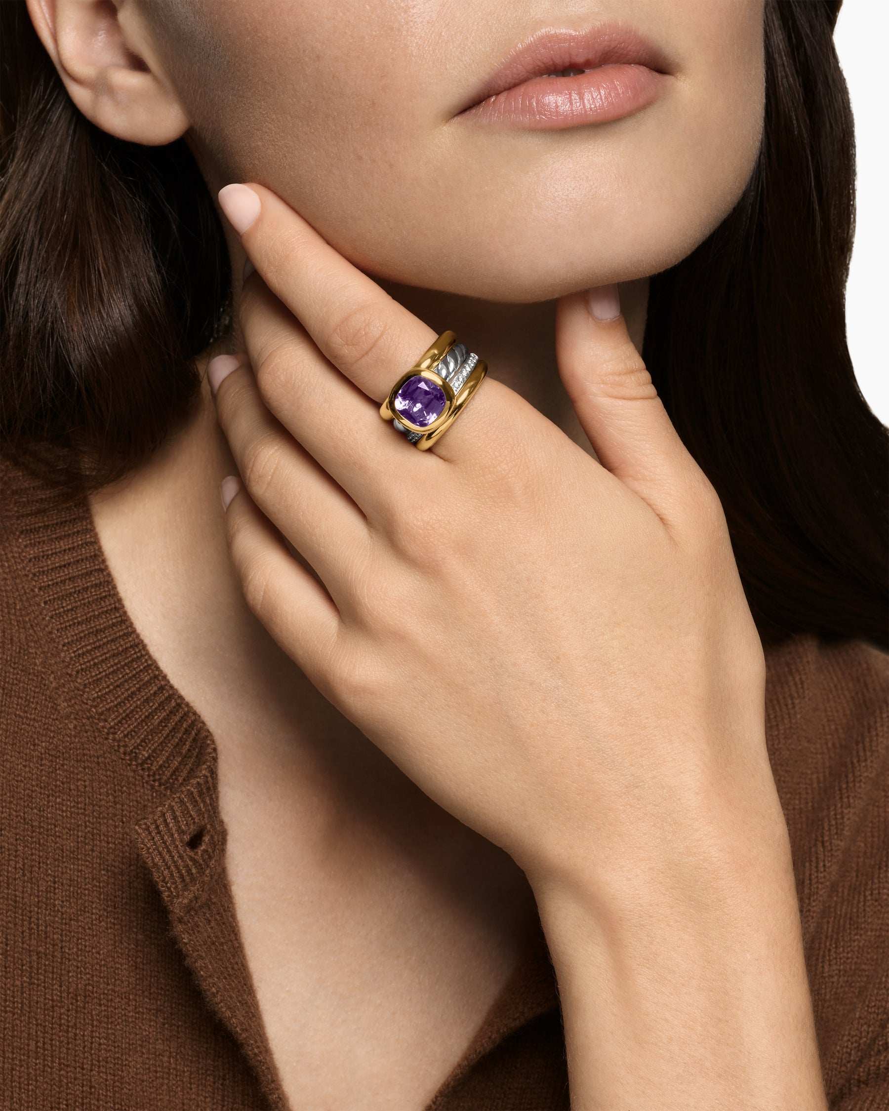 Alternative view of DY Mercer Color Four Row Stone Ring in Sterling Silver with 18K Yellow Gold, Amethyst and Diamonds, 14mm