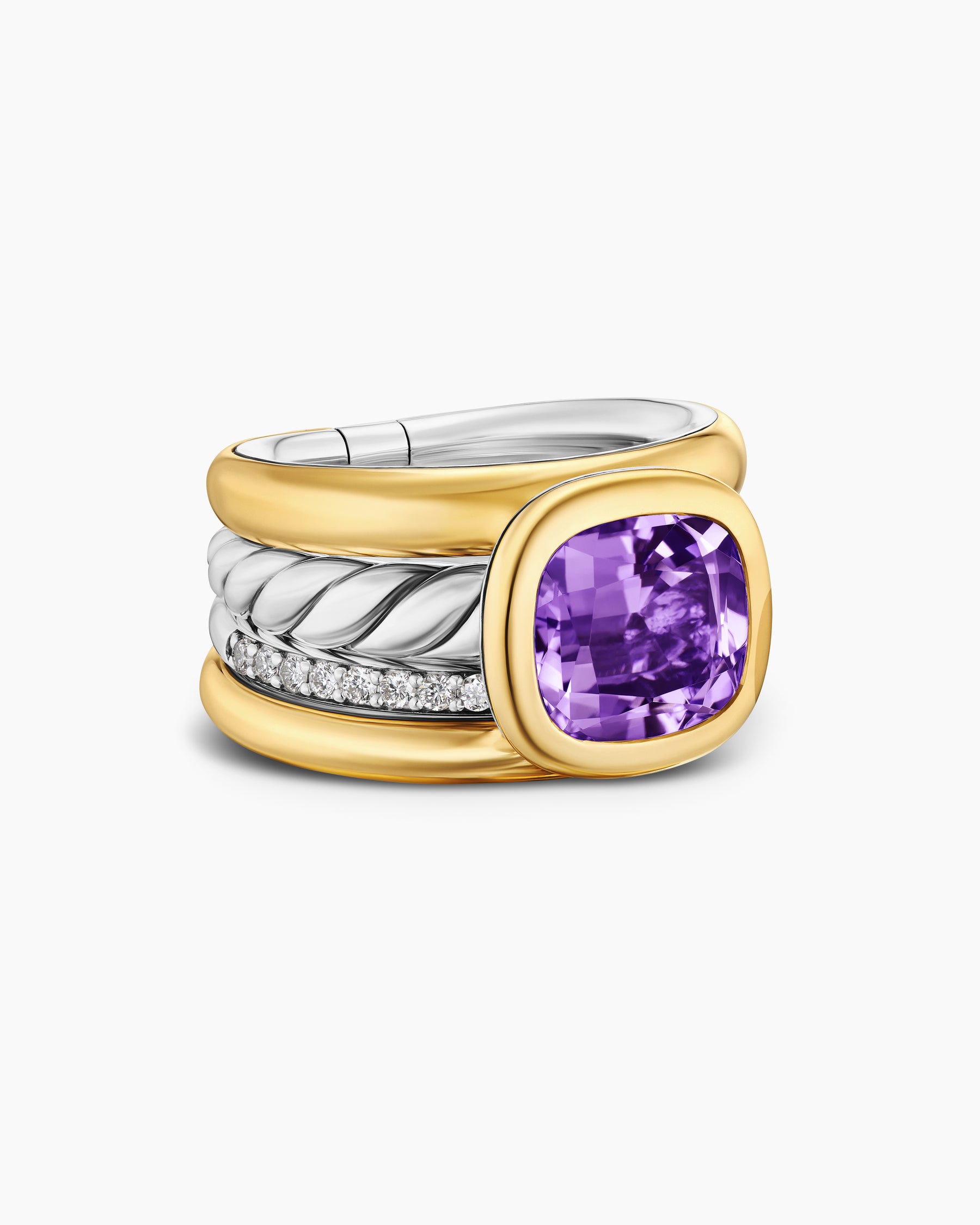 DY Mercer Color Four Row Stone Ring in Sterling Silver with 18K Yellow Gold, Amethyst and Diamonds, 14mm