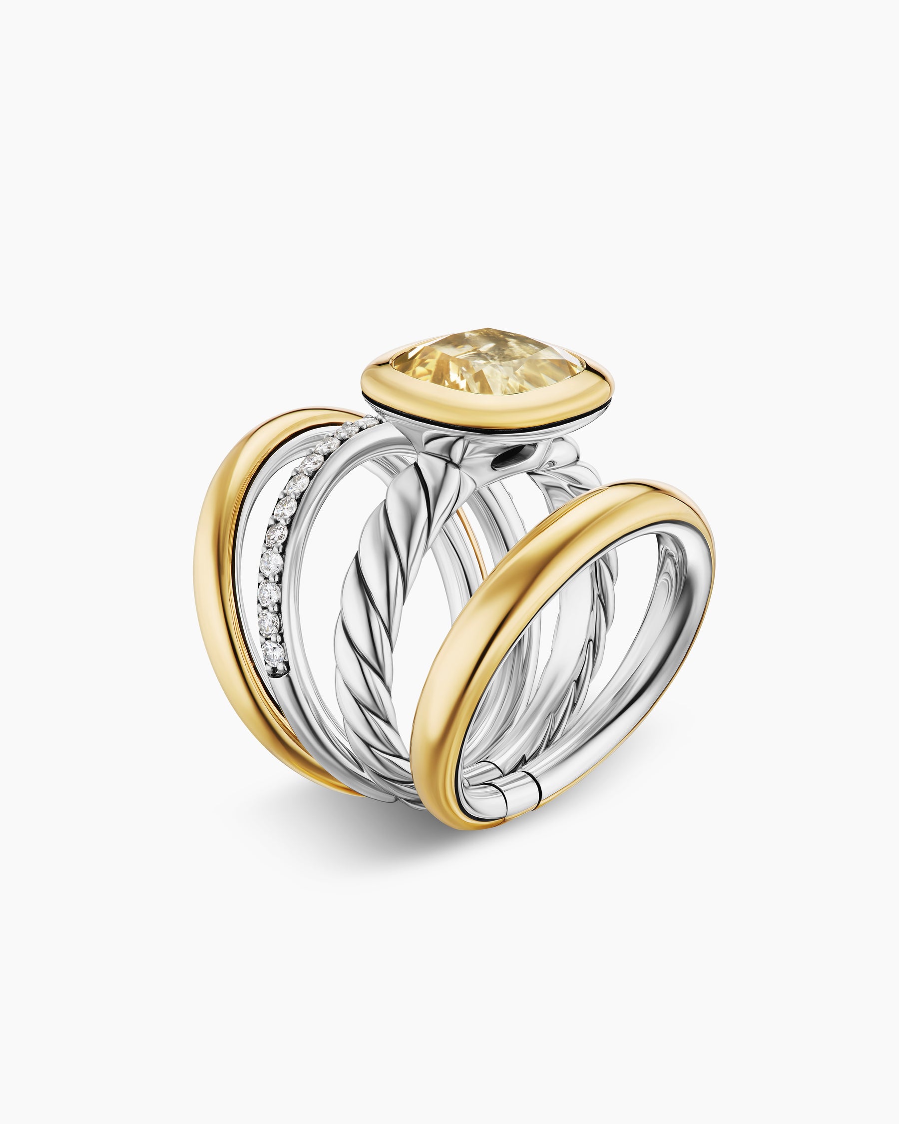 DY Mercer Color Four Row Stone Ring in Sterling Silver with 18K Yellow Gold, Champagne Citrine and Diamonds, 14mm - Image 3