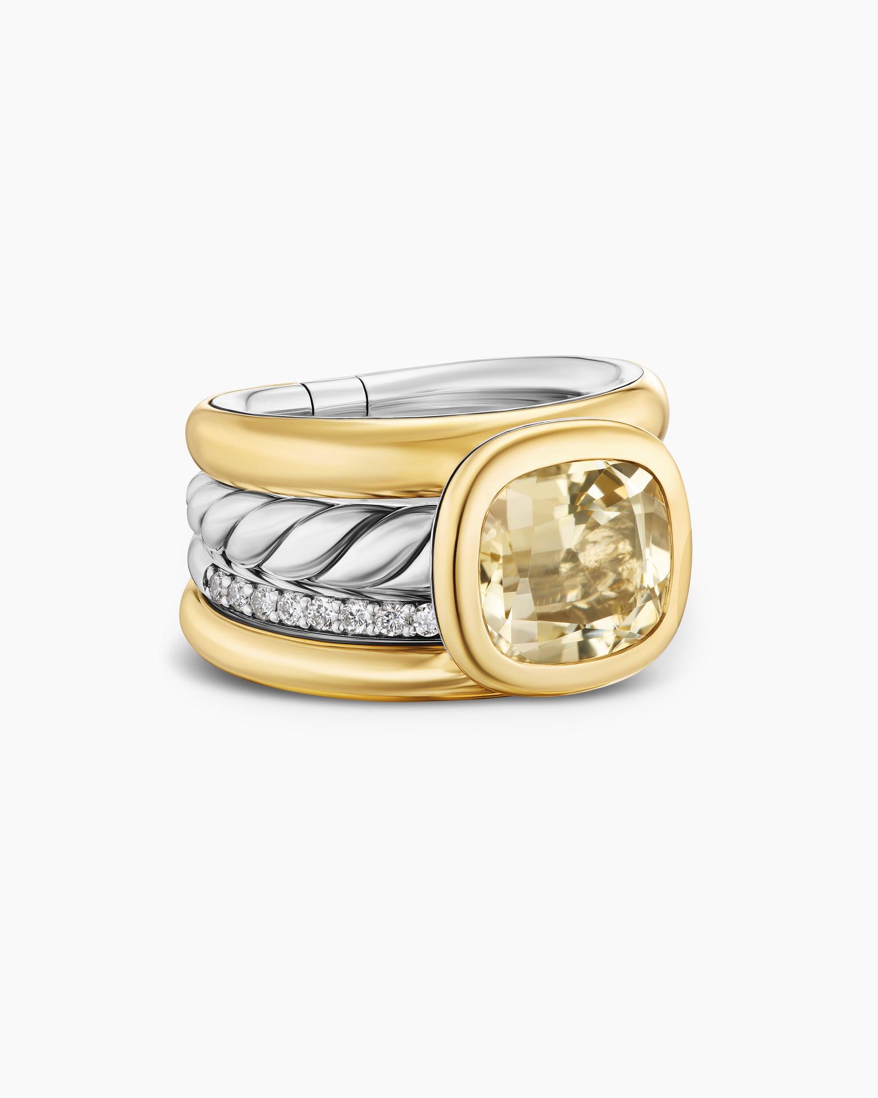 DY Mercer Color Four Row Stone Ring in Sterling Silver with 18K Yellow Gold, Champagne Citrine and Diamonds, 14mm