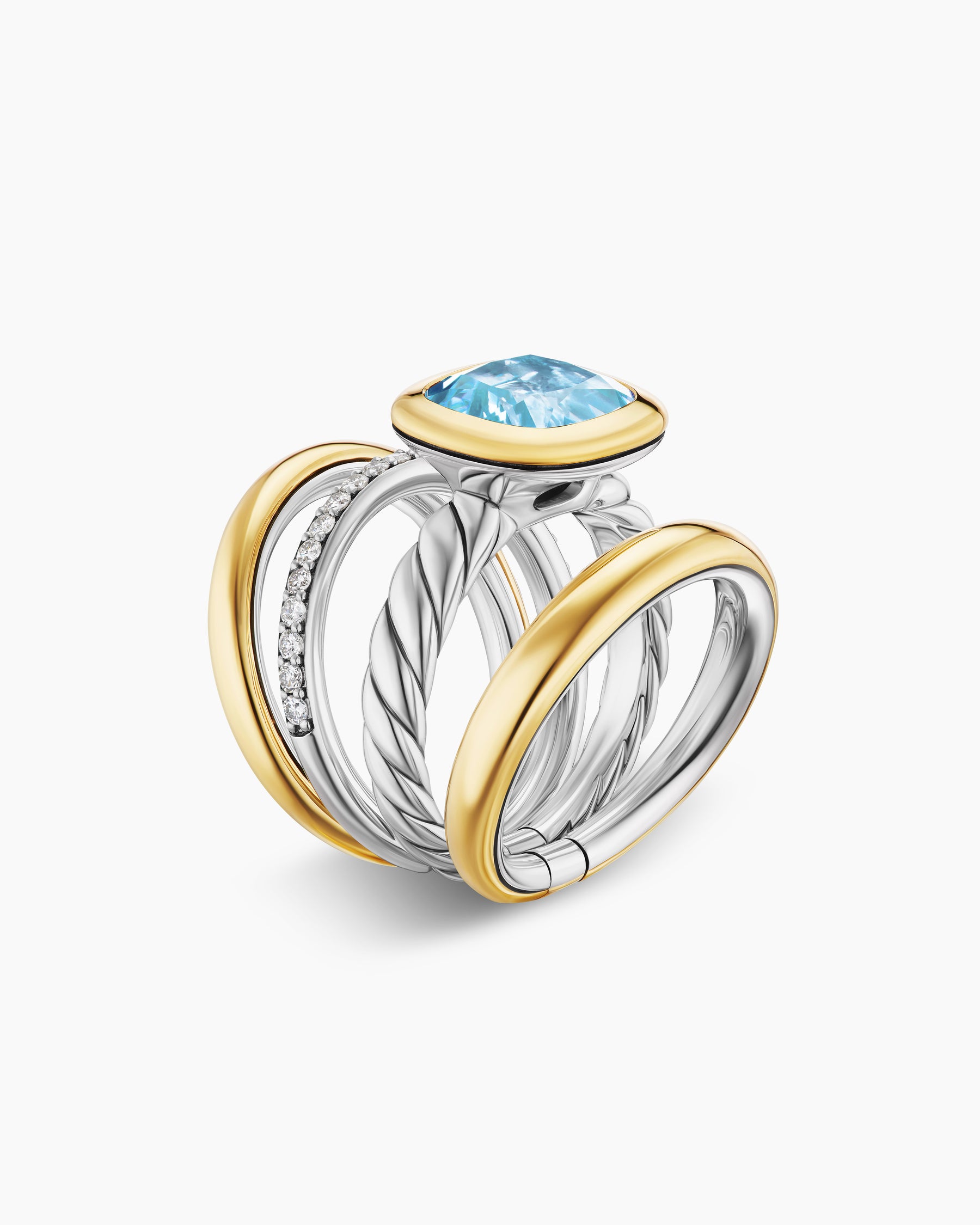 DY Mercer Color Four Row Stone Ring in Sterling Silver with 18K Yellow Gold, Sky Blue Topaz and Diamonds, 14mm - Image 3