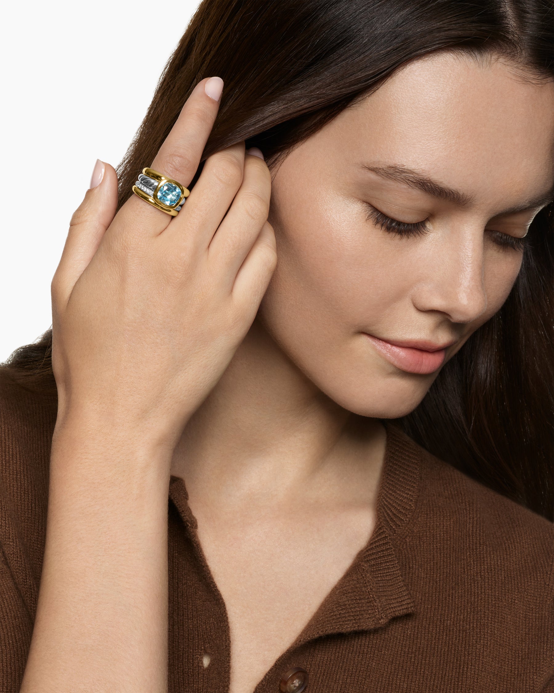 Alternative view of DY Mercer Color Four Row Stone Ring in Sterling Silver with 18K Yellow Gold, Sky Blue Topaz and Diamonds, 14mm